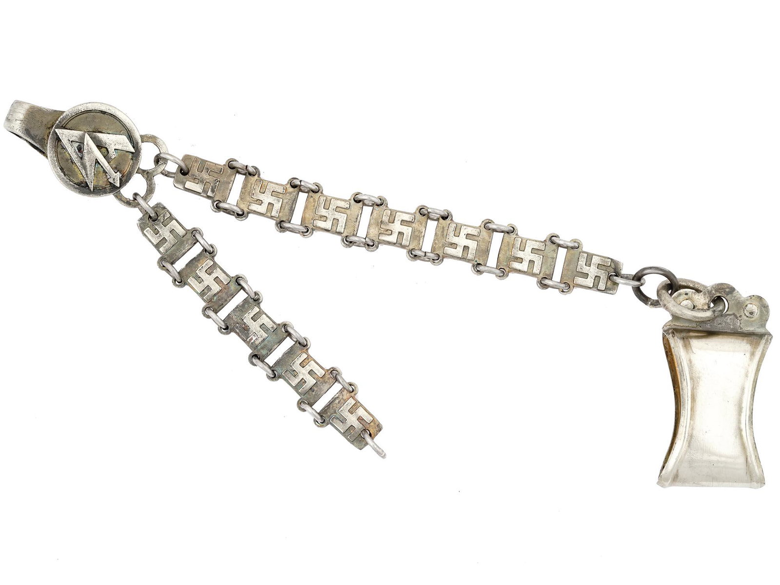 WWII NAZI GERMAN THIRD REICH SA DAGGER HANGER: A WWII Nazi German Third Reich SA dagger hanger. The hanger is made in a link design. Each link is engraved with a swastika insignia. An engraved SA insignia on the top hanger clip. Marked with RZM an