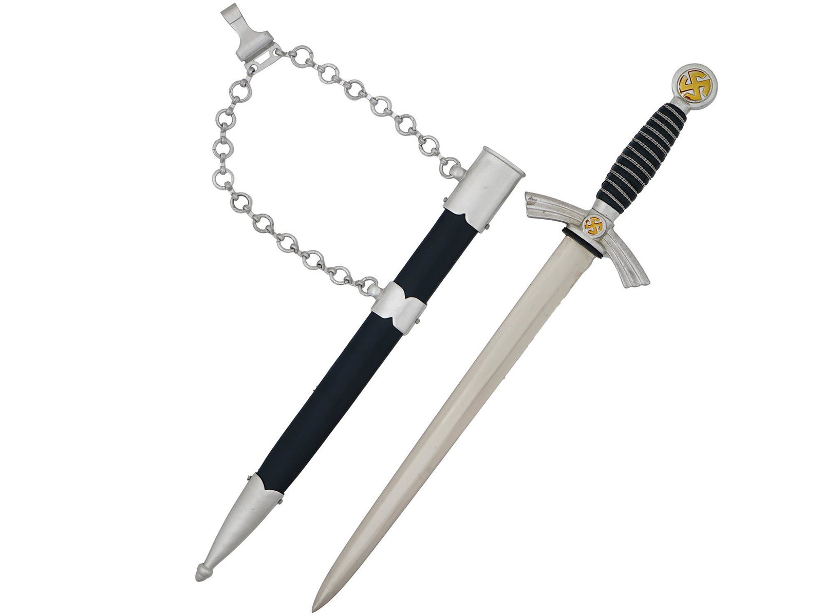 WWII NAZI GERMAN 1ST MODEL LUFTWAFFE DAGGER: A WWII Nazi German Luftwaffe 1st model dagger featuring a double edged blade marked Paul Weyersberg and Co., Berlin to the ricasso. The pommel and crossguard hold a brass colored rotating broken sun c