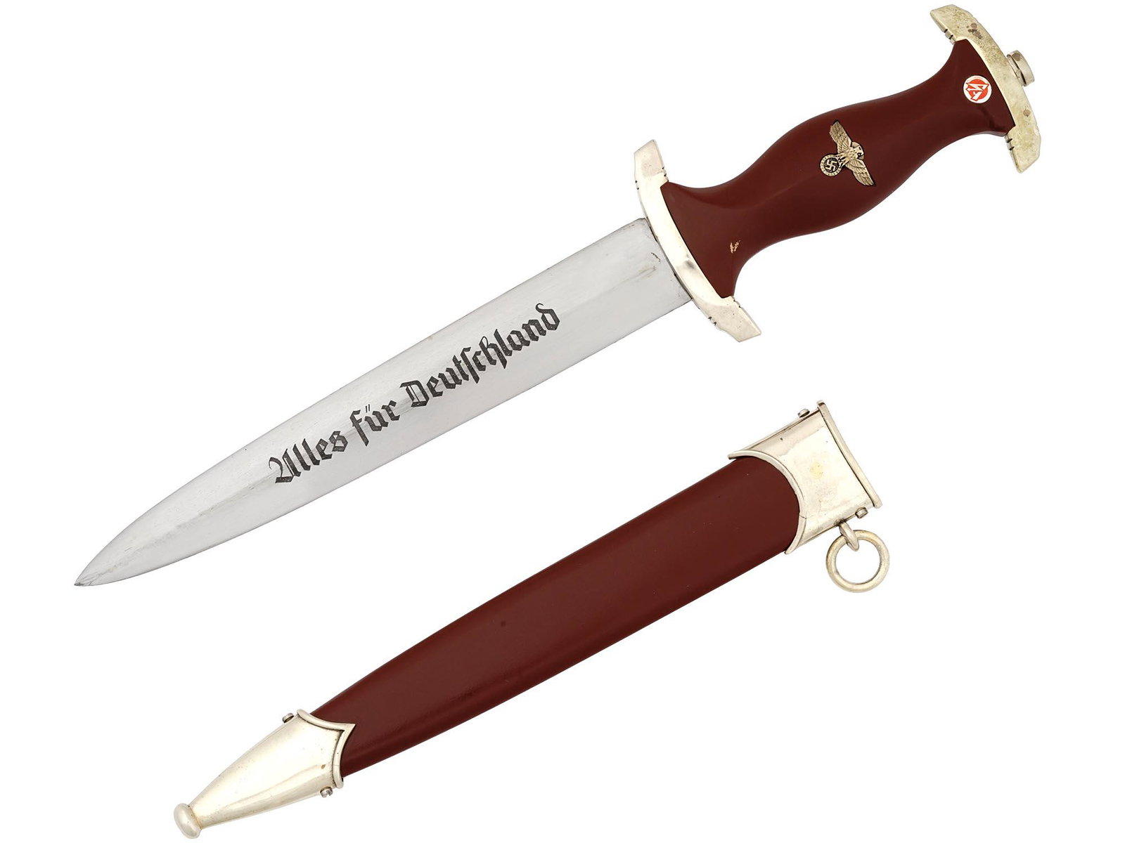 WWII NAZI GERMAN STURMABTEILUNG DAGGER BY BOKER: A WWII Nazi German Sturmabteilung dagger featuring a blade constructed of nickel silver plated metal and engraved with Alles fur Deutschland. The ricasso has a makers mark reading Boker, Solingen, alo
