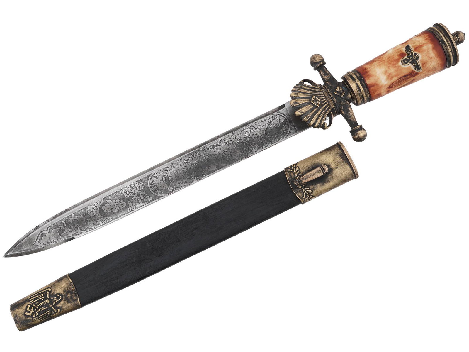 WWII NAZI GERMAN PUMA HUNTING DAGGER W SCABBARD: A World War II Nazi German hunting dagger. The stainless steel blade is garnished with etching depicting an eagle clutching swastika, a deer and motto Waidmanns Heil, Good Hunting, on the recto side, 