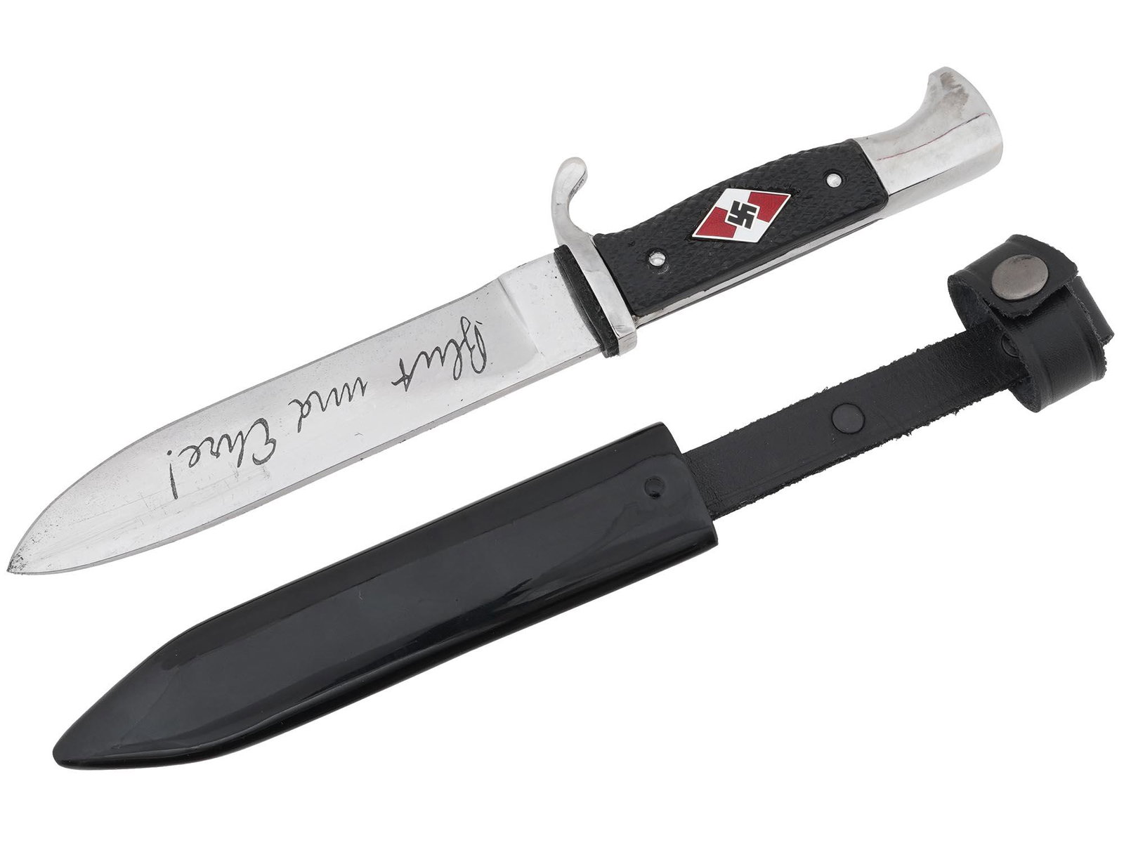 WWII NAZI GERMAN THIRD REICH HITLER JUGEND DAGGER: A WWII German Third Reich Hitler Jugend dagger with steel blade featuring an etched inscription reads Blut und Ehre, Blood and Honor. Marked on the blade: Anton Wingen Jr. Solingen. The steel handle w