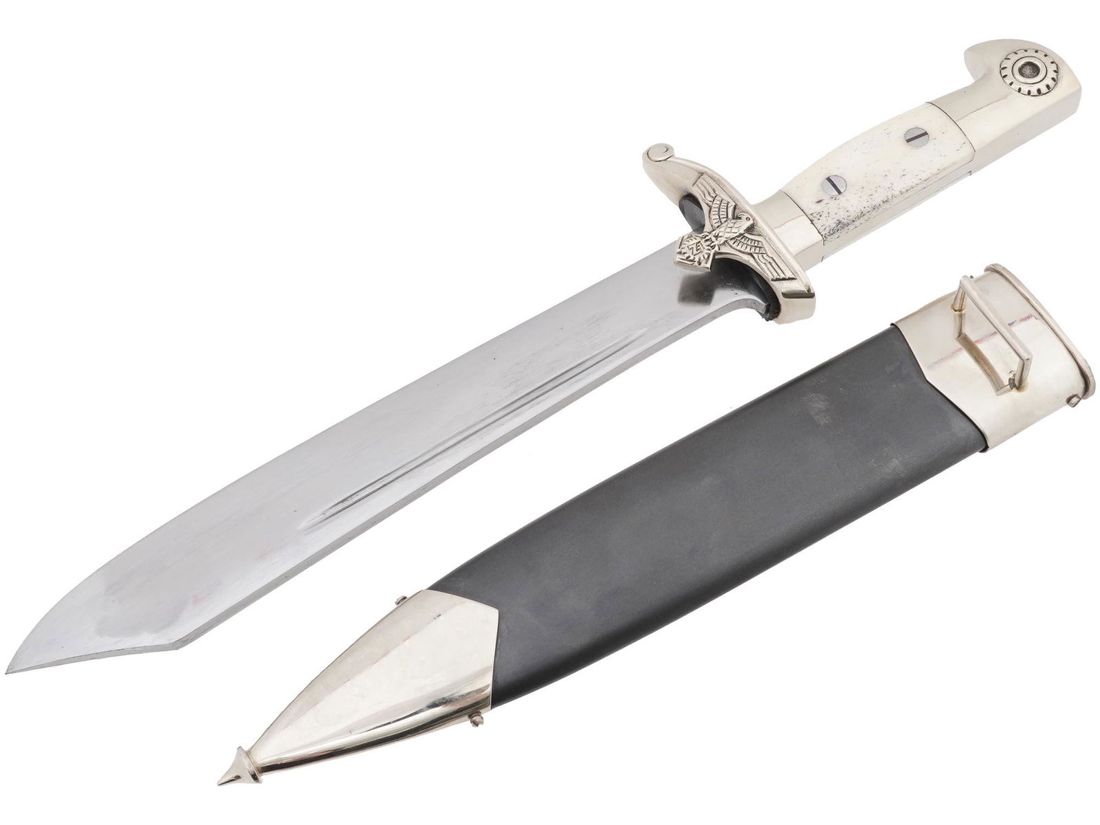 WWII NAZI GERMAN THIRD REICH TENO ENLISTED DAGGER: A WWII Nazi German Teno Enlisted hewer dagger with a stainless steel one fuller blade marked with the Teno eagle and swastika and Carl Eickhorn trademark to the ricasso. The silver nickel cross guard
