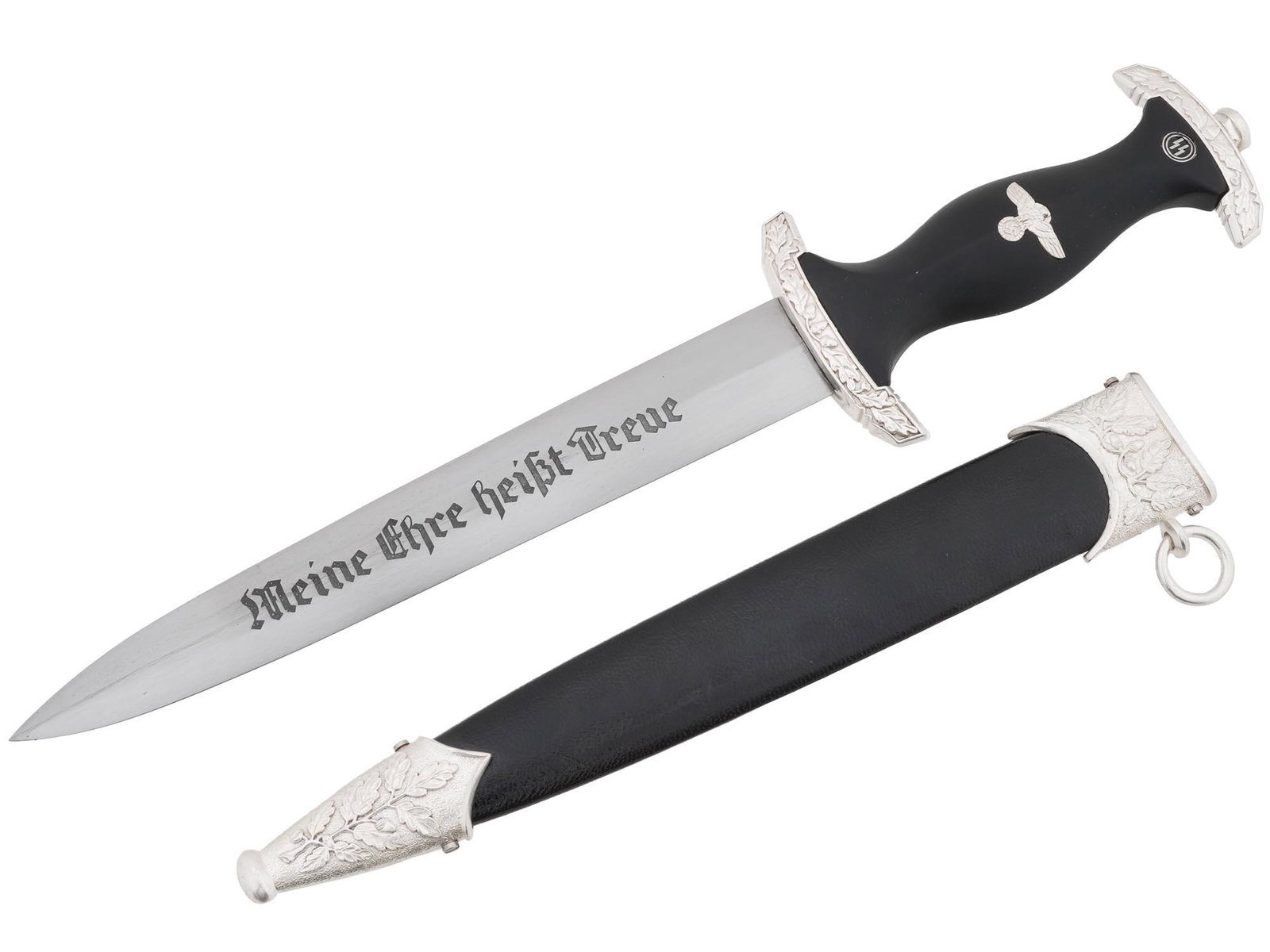 WWII NAZI GERMAN SS EHRENDOLCH HONOR DAGGER: A World War II Nazi German SS Ehrendolch, or honor dagger. The stainless steel blade is garnished with etching, the motto Meine Ehre Heisst Treue, Loyalty is My Honour, on the recto side, inscription 