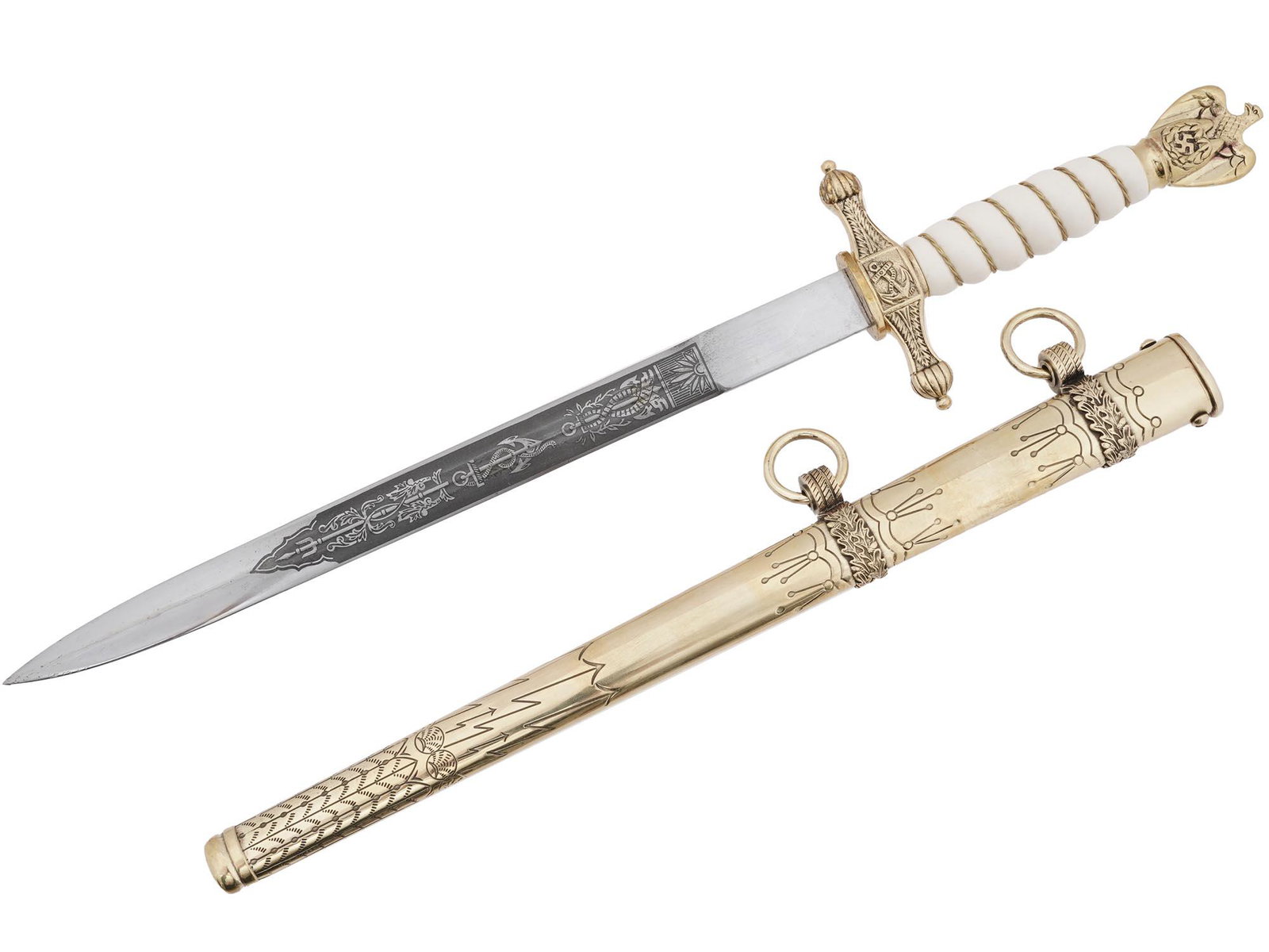 NAZI GERMAN KRIEGSMARINE NAVAL OFFICERS DAGGER: A WWII Nazi German naval officers dagger, Kriegsmarine Offizier Dolch. The nickel-plated steel blade is two-edged and has decorative etching with marine ornaments. Hallmark E. Bonsmann Solingen is at 