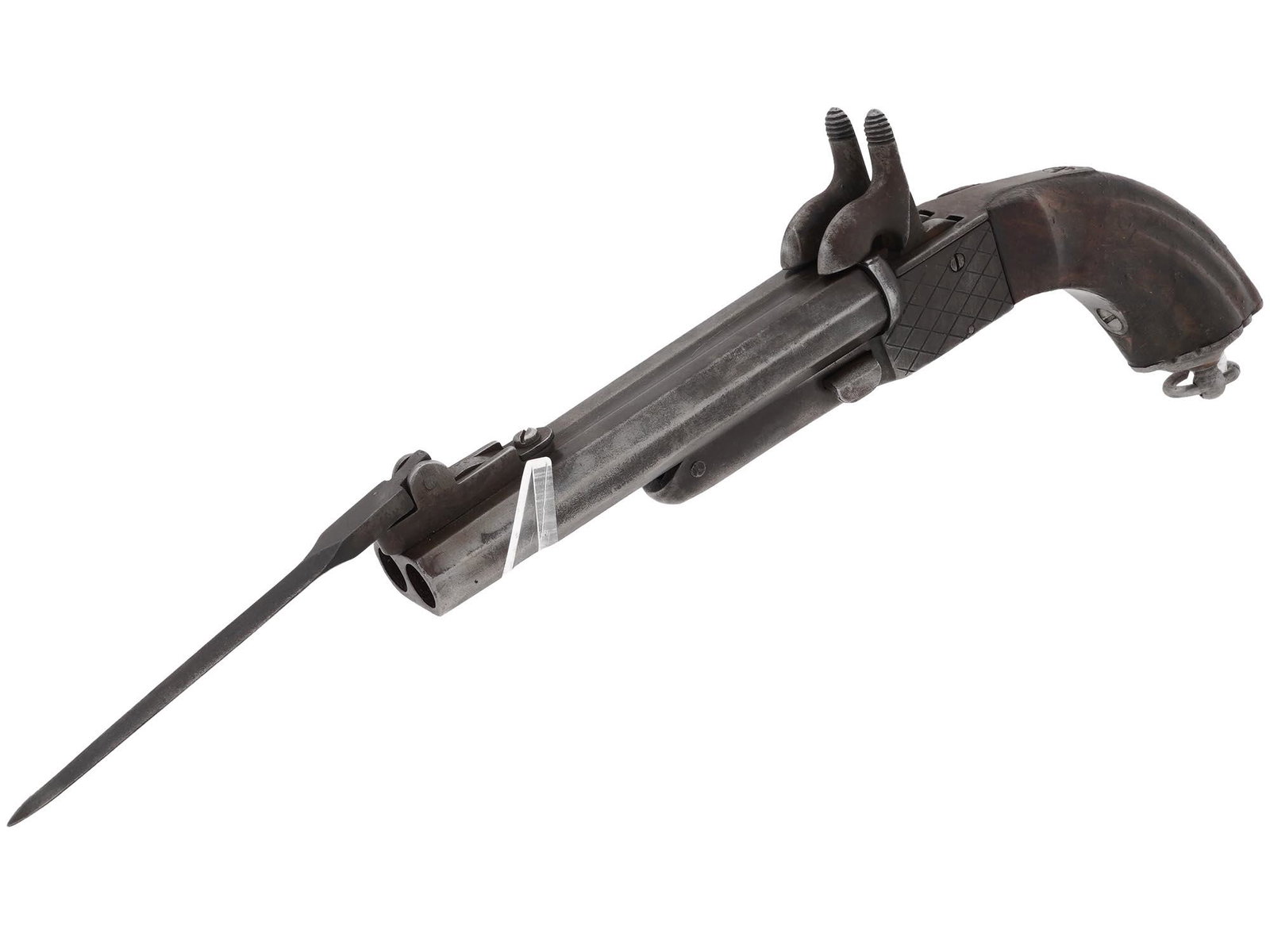 FRENCH PINFIRE BLACK POWDER PISTOL WITH BAYONET: A French double-barrel pinfire black powder pistol with bayonet. Made of cast iron and wood. The handle has a suspension ring finial. Collectible Arms And Armour, Guns And Weapons, Pocket Pistols. Dim
