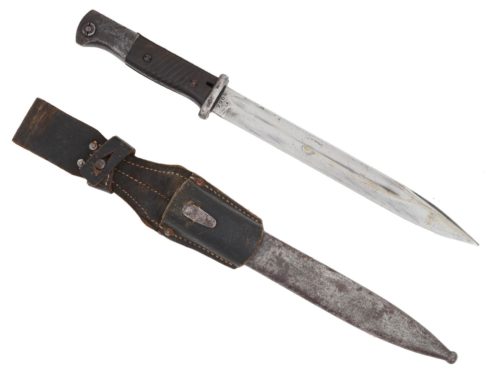 WWII NAZI GERMAN CLOSE COMBAT KNIFE IN SHEATH: A World War II German close combat knife, the Nahkampfmesser. Stainless-steel blade, black bakelite handle. Leather sheath. Marks 9965, 40, EuF Horster are on the blade by the handle. The German comba