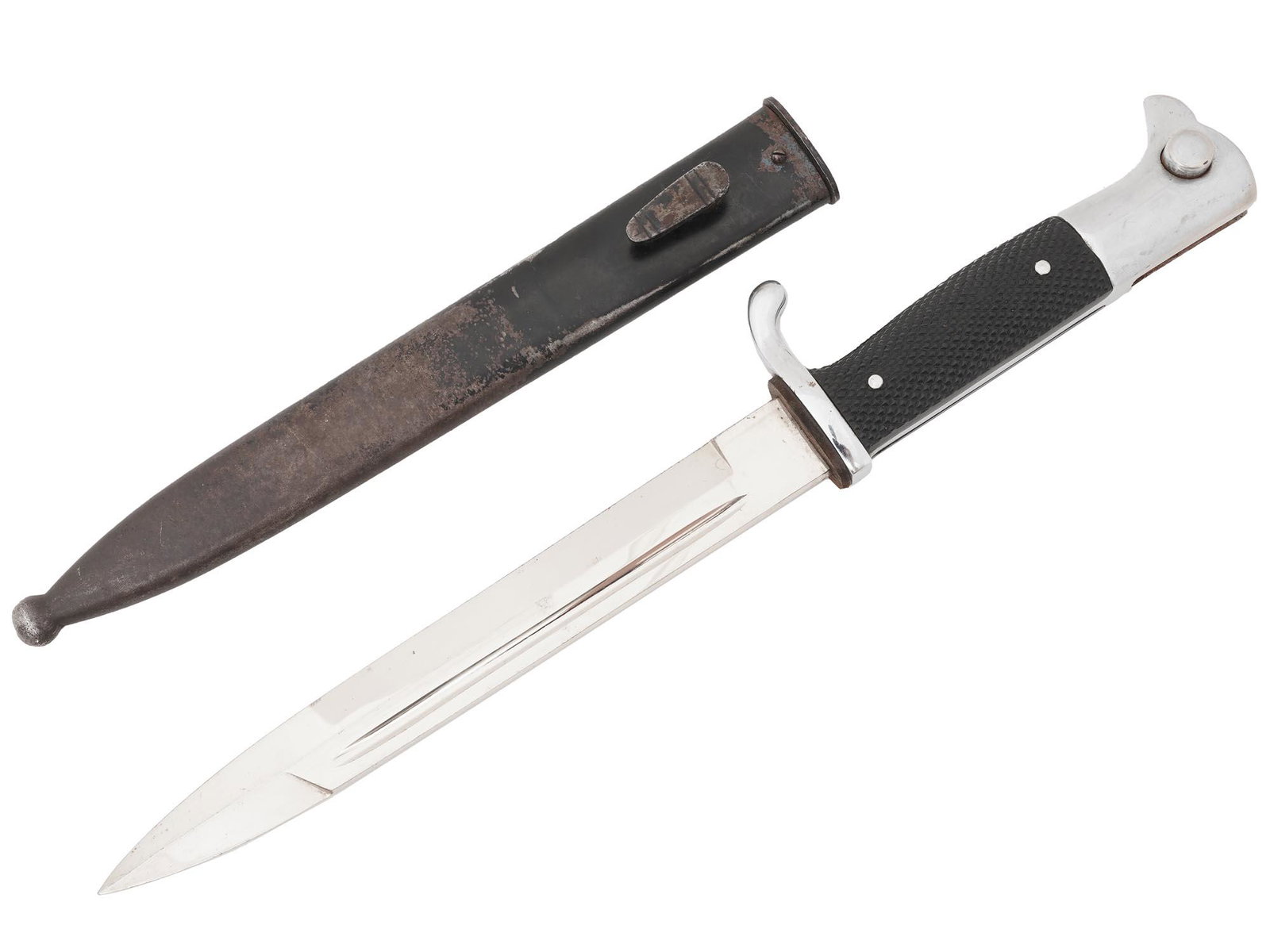 WWII NAZI GERMAN THIRD REICH K98 PARADE BAYONET: A WWII Nazi German Third Reich K98 parade bayonet featuring a straight single edged steel blade, a pronounced quillon, eagle head pommel and black composition checkered grip. Marked Carl Wusthof Solin