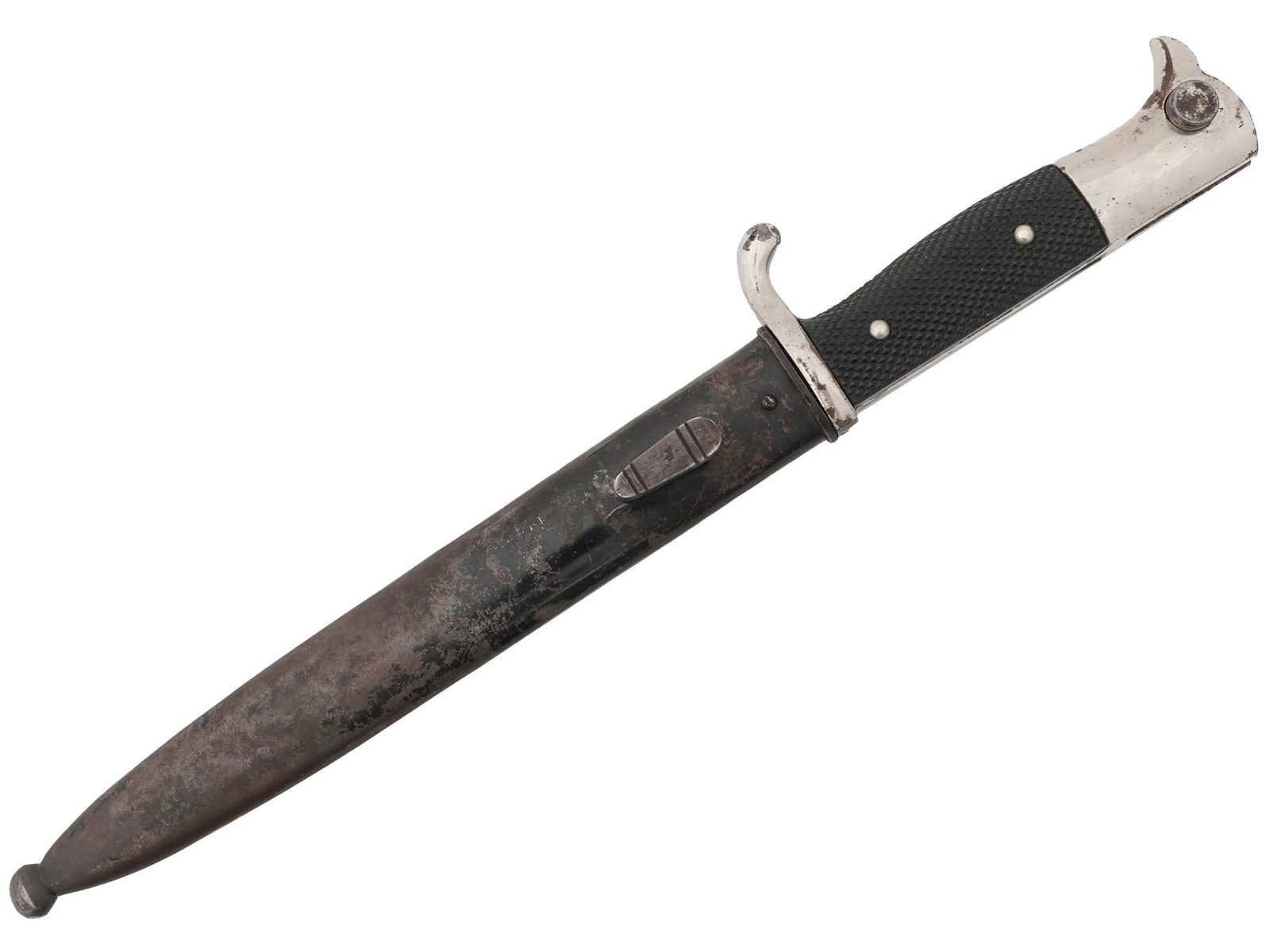 WWII NAZI GERMAN CLOSE COMBAT KNIFE IN SHEATH: A World War II German close combat knife, the Nahkampfmesser. Stainless-steel blade, black bakelite handle. Steel scabbard. J.A. Henckels Solingen trademark is on the blade by the handle. The German c