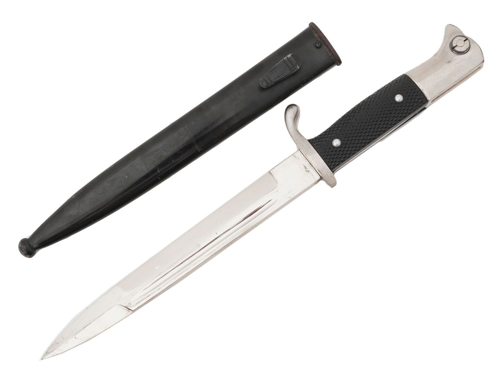WWII NAZI GERMAN COMBAT BAYONET KNIFE W SCABBARD: A World War II Nazi German Third Reich Ceremonial Mauser bayonet knife. A stainless steel blade, and a black bakelite handle. Completed with a black metal scabbard. The combat knives became a favorite
