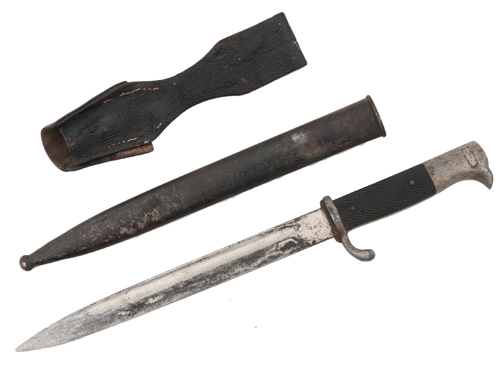 WWII NAZI GERMAN CLOSE COMBAT KNIFE IN SHEATH: A World War II German close combat knife, the Nahkampfmesser. Stainless-steel blade, black bakelite handle. Steel and black leather scabbard. The German combat knives became a favorite war souvenir fo
