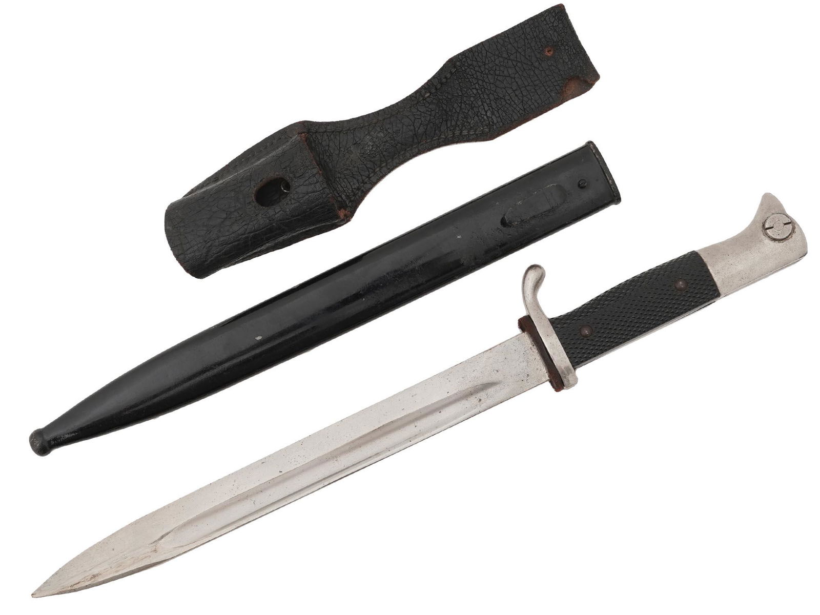 WWII NAZI GERMAN CLOSE COMBAT KNIFE IN SHEATH: A World War II German close combat knife, the Nahkampfmesser. Stainless-steel blade, black bakelite handle. Steel and black leather scabbard. Alcoso Solingen trademark is on the blade by the handle. T