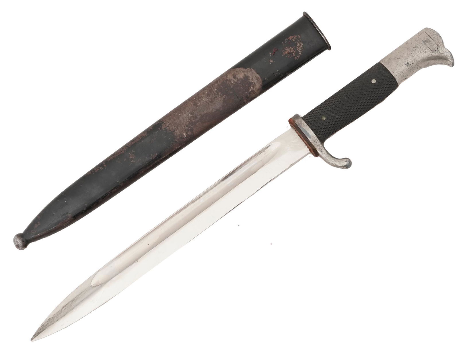 WWII NAZI GERMAN CLOSE COMBAT KNIFE IN SHEATH: A World War II German close combat knife, the Nahkampfmesser. Stainless-steel blade, black bakelite handle. Steel scabbard. WKC, Weyersberg Kirschbaum and Cie knight trademark is on the blade by the h