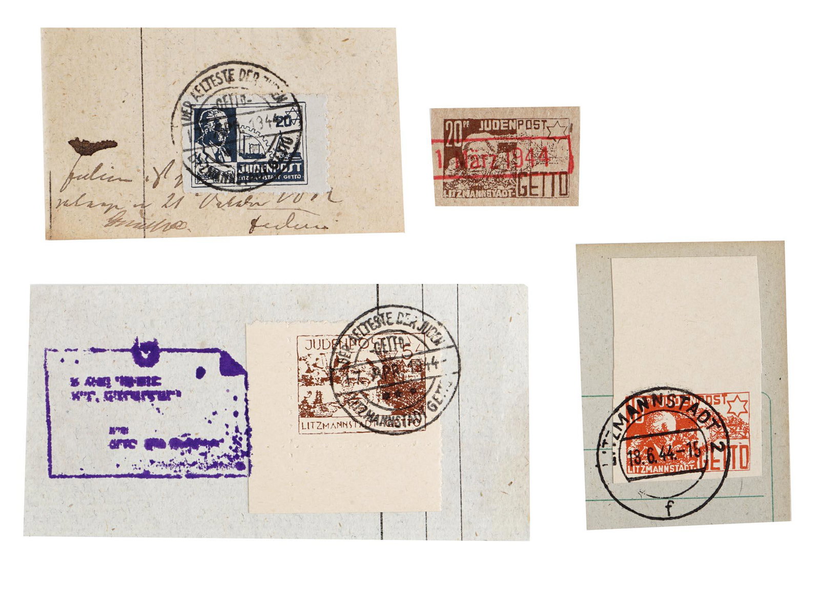 WWII LITZMANNSTADT JEWISH GHETTO POST STAMPS: A lot of World War II philatelic items, postmarks, and cut-out stamps of the Litzmannstadt ghetto. Each is dated 1944. The Lodz Ghetto or Litzmannstadt Ghetto was the second-largest Nazi ghetto in Pol