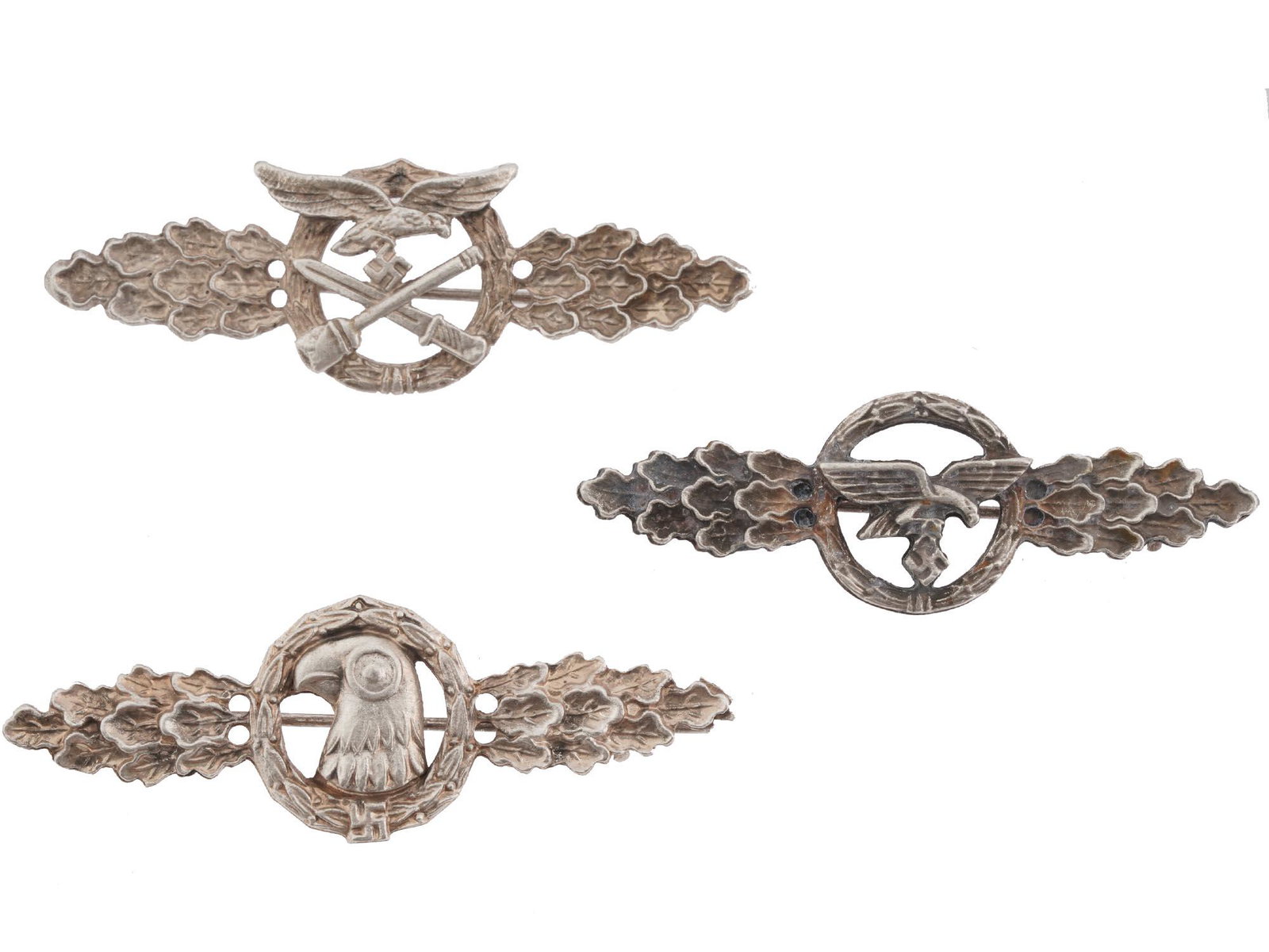 WWII NAZI GERMAN LUFTWAFFE FRONT FLYING CLASPS: Three WWII Nazi German Luftwaffe front flying clasps for close combat pilots, transport and glider pilots, and reconnaissance pilots. Awarded to aircrews and certain other Luftwaffe personnel in recog