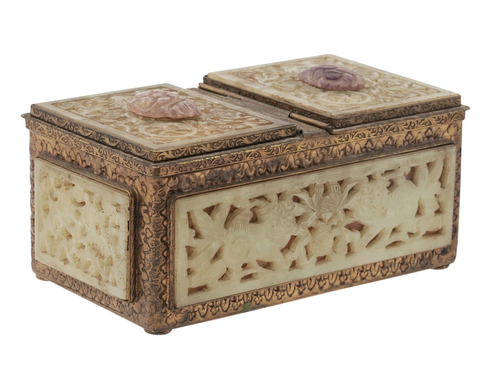 BRASS AND HAND CARVED JADE TRINKET BOX W AMETHYST (1 of 8)