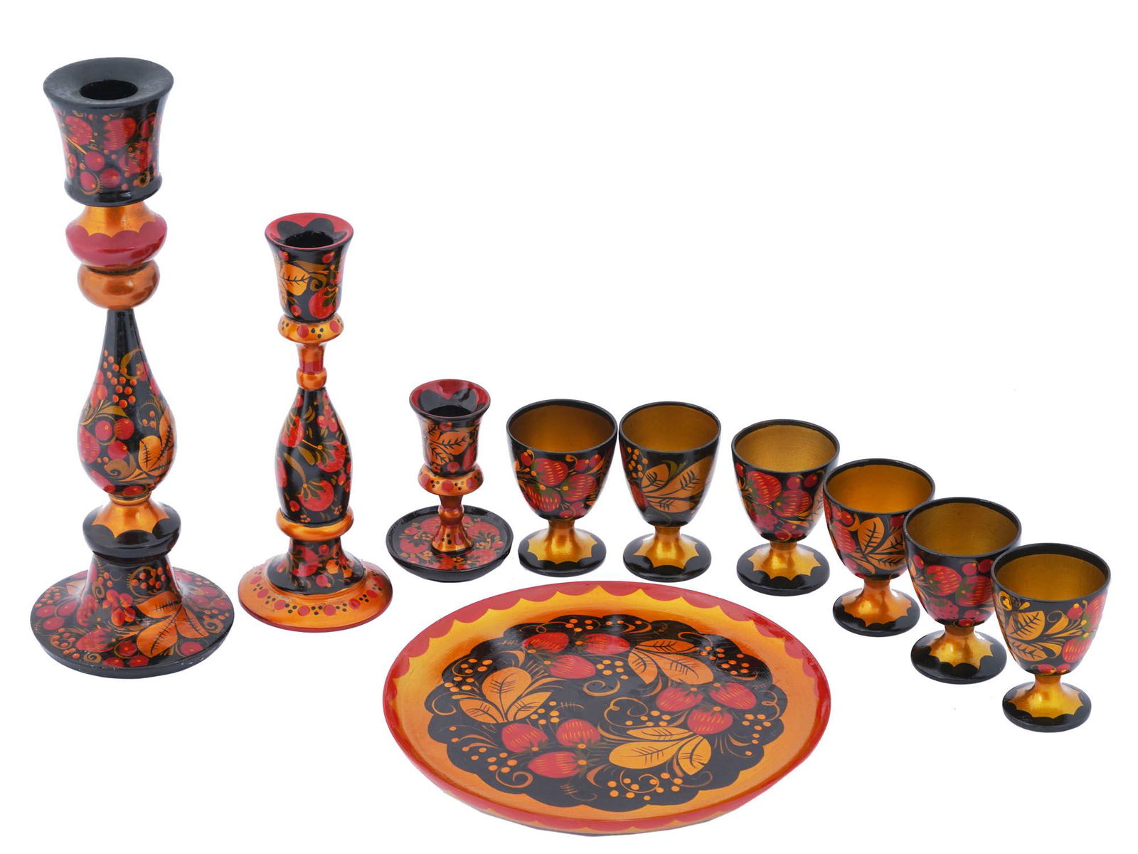 RUSSIAN KHOKHLOMA BAR SET & CANDLESTICKS, 10 PCS (1 of 5)