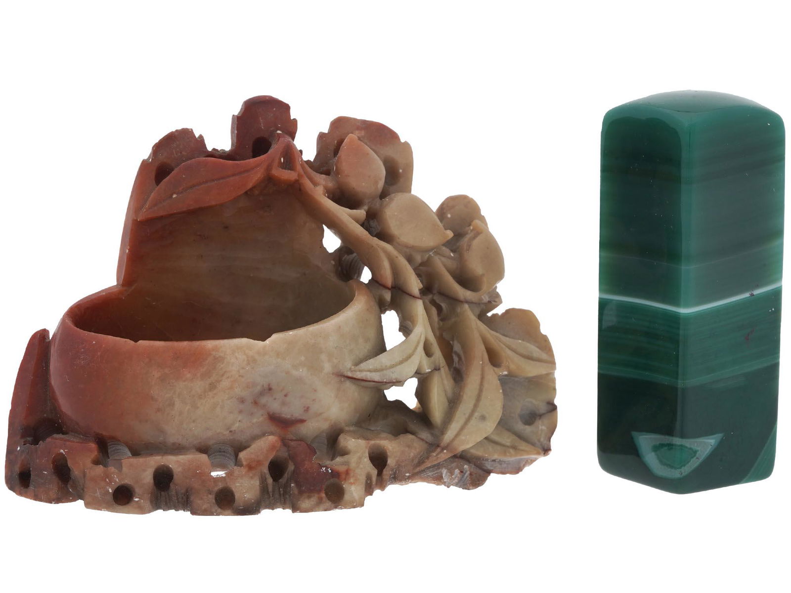 CHINESE SOAPSTONE STAND AND POLISHED MALACHITE (1 of 5)
