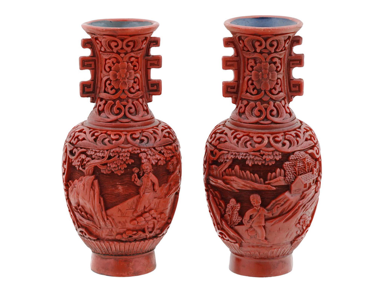 ANTIQUE CHINESE QING RED CARVED CANNIBAR VASES (1 of 6)