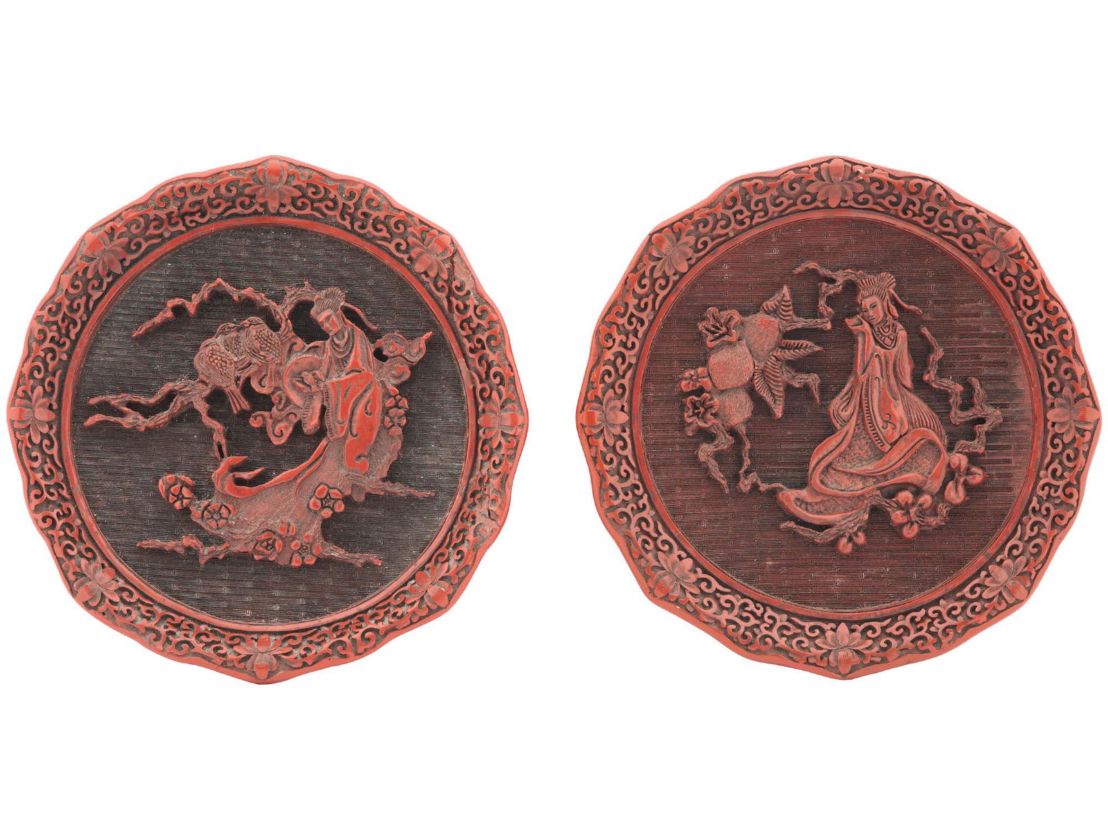 CHINESE HAND CARVED CINNABAR LACQUER DECOR PLATES (1 of 7)
