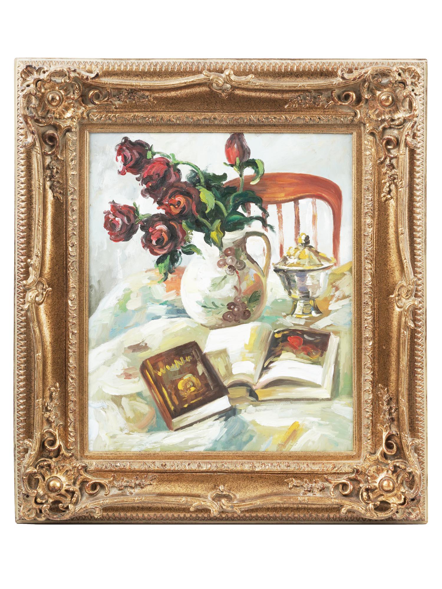 FRAMED STILL LIFE WITH BOOKS AND ROSES PAINTING (1 of 5)