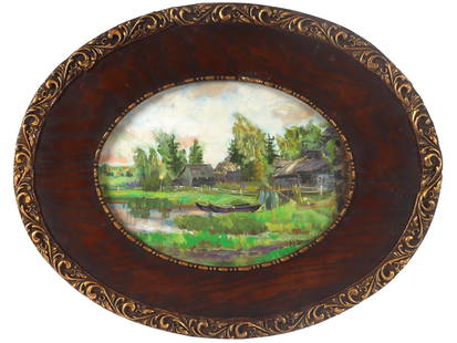 RUSSIAN VILLAGE OIL PAINTING BY MIKHAIL NESTEROV: Mikhail Vasilievich Nesterov, Russian, 1862 to 1942, an oval oil painting on board depicting a Russian village with rural house in a landscape. Signed with initials lower right. Additionally inscribed