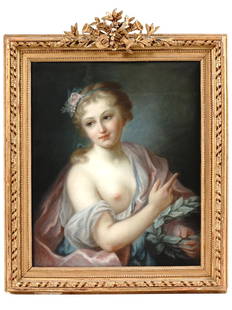 ANTIQUE FRENCH PAINTING AFTER ROSALBA CARRIERA: An antique 19th century pastel on paper laid on canvas painting depicting a portrait of a charming young lady, after the original painting Nymph from Apollos Retinue, 1721, by Rosalba Carriera, Italia