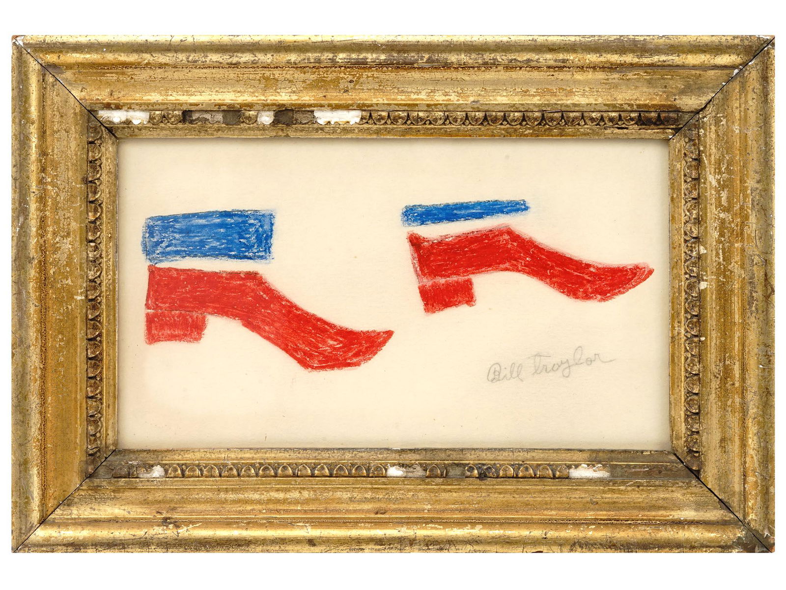 MID CENTURY AMERICAN DRAWING BY WILLIAM TRYLOR: Bill Traylor, American, 1854 to 1947, a pastel on paper drawing depicting a pair of boots. Signed lower right in pencil by the artist. Circa the 1930s. Framed. Note: Born a slave on the plantation of