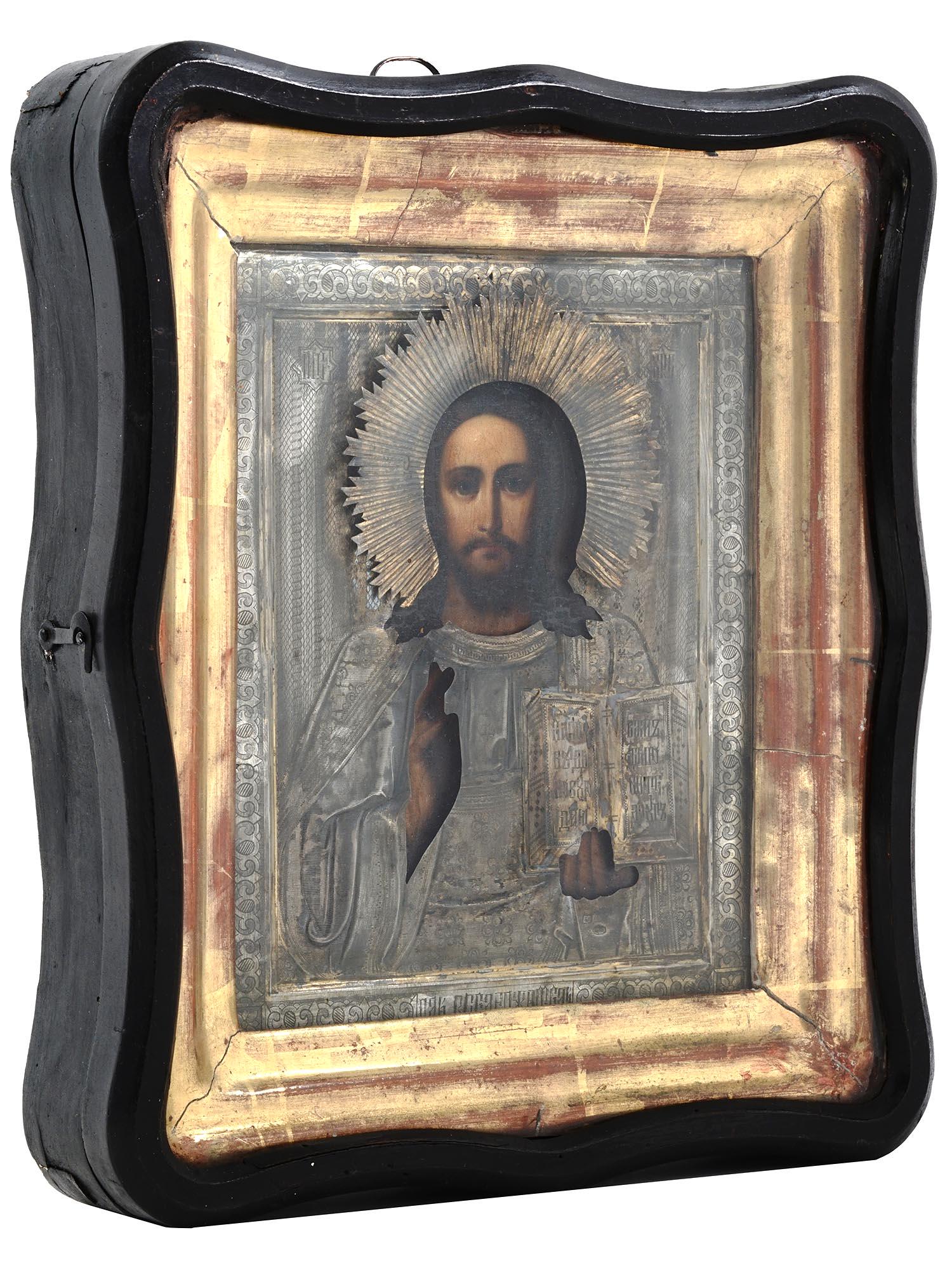 RUSSIAN CHRIST ICON IN SILVER RIZA AND KIOT FRAME (1 of 6)