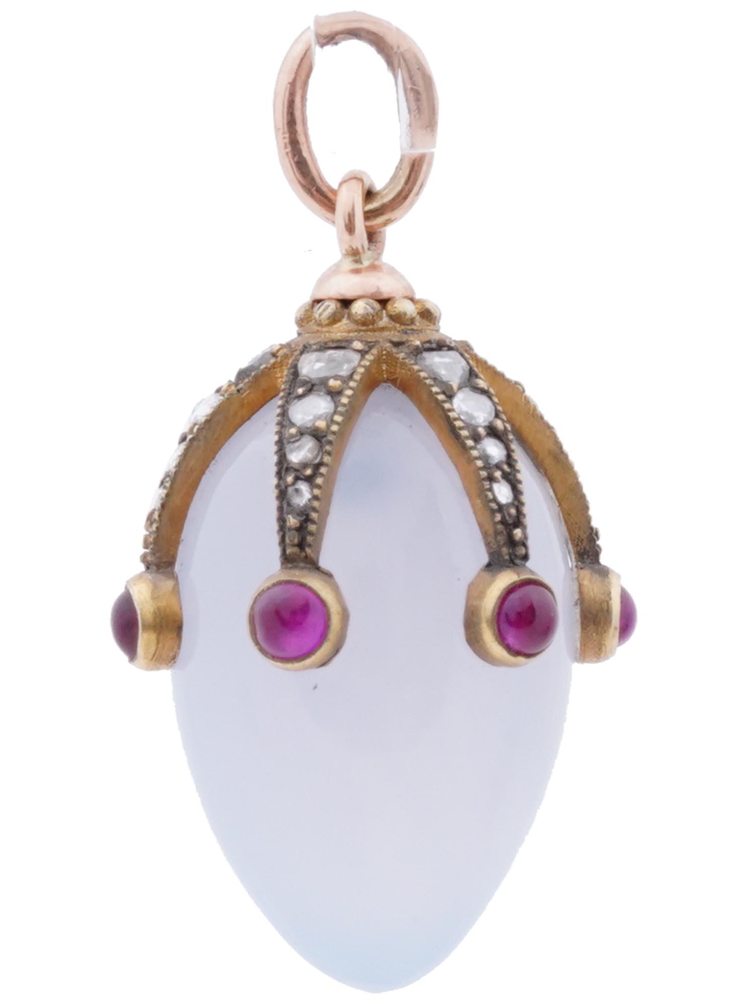 RUSSIAN 14K GOLD RUBY DIAMONDS CHALCEDONY EGG PENDANT (1 of 6)