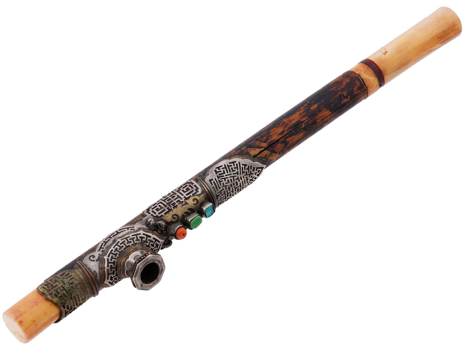 VINTAGE CHINESE GEMSTONE BAMBOO SMOKING PIPE: A vintage Chinese smoking pipe also known as Yen Tsiang, smoking pistol, that was used for opium. The item is made of bamboo wood and has gilt silver mounting with pierced ornaments and three gemstone