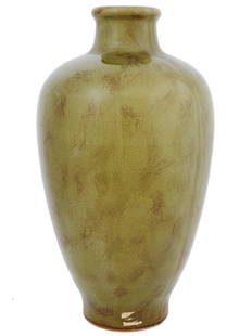 JAPANESE CRACKLED OLIVE GLAZED CERAMIC VASE: A large amphora shaped Japanese ceramic vase. The vase is covered with glaze in an olive green shade and adorned with a crackled design. The ware is made in the manner of Lea Halpern, Dutch, American,