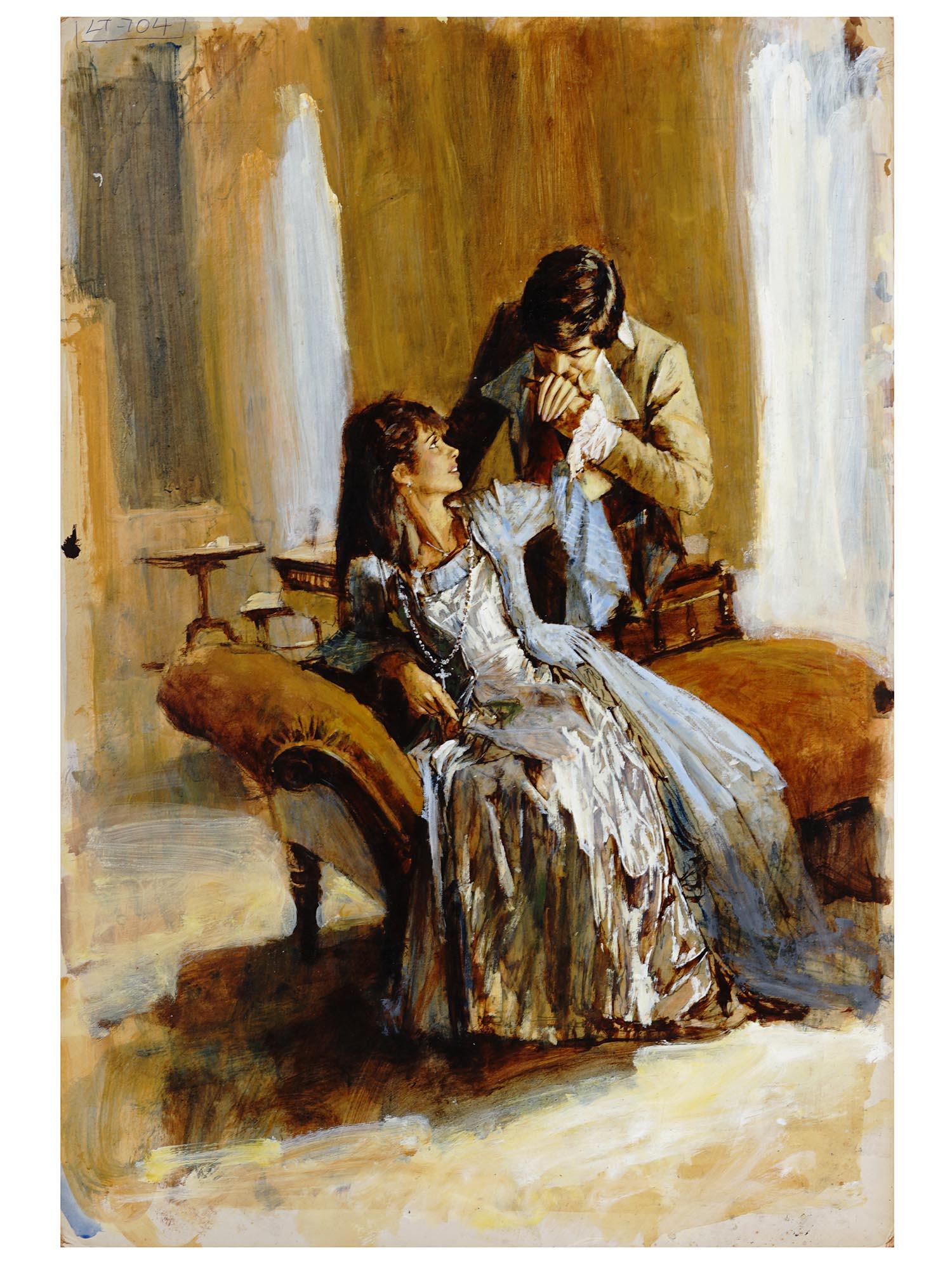 BRITISH ILLUSTRATION OIL PAINTING BY LEN THURSTON: Len Thurston, British, 1932 to 2011, oil painting on board depicting a scene with characters, a couple and a woman, an original illustration, Part 5, for the novel, The Blue Eyed Witch, by Barbara Car
