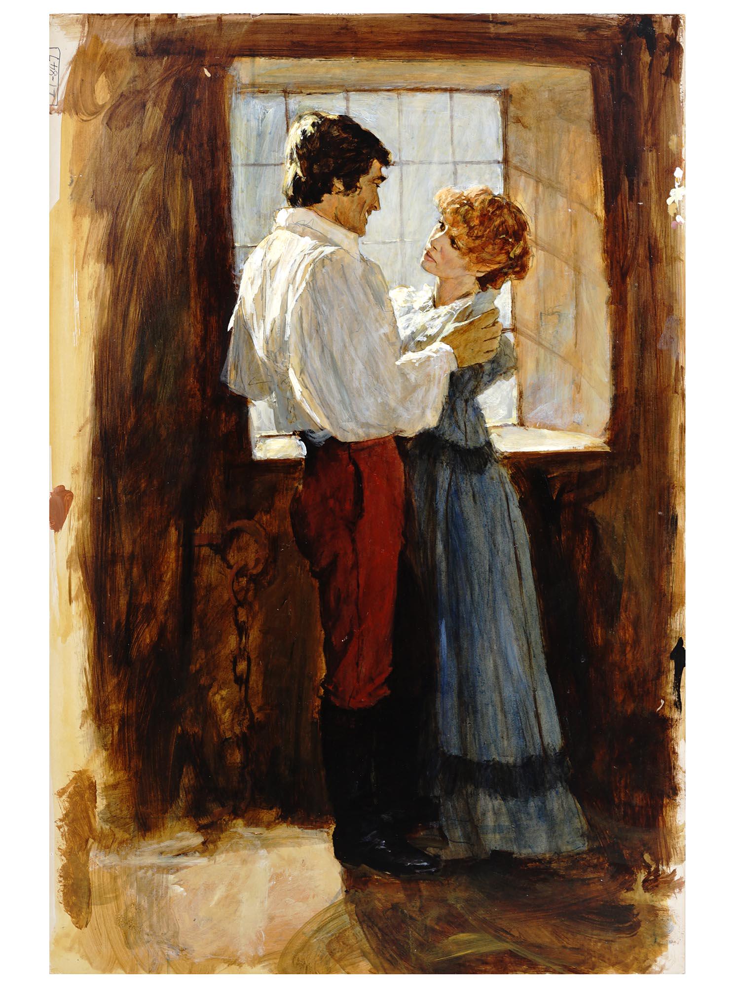 BRITISH ILLUSTRATION OIL PAINTING BY LEN THURSTON: Len Thurston, British, 1932 to 2011, oil painting on board depicting a scene with a couple of characters, an original illustration, Part 11, for the novel, The Passionate Pretenders, by Florence Hersh