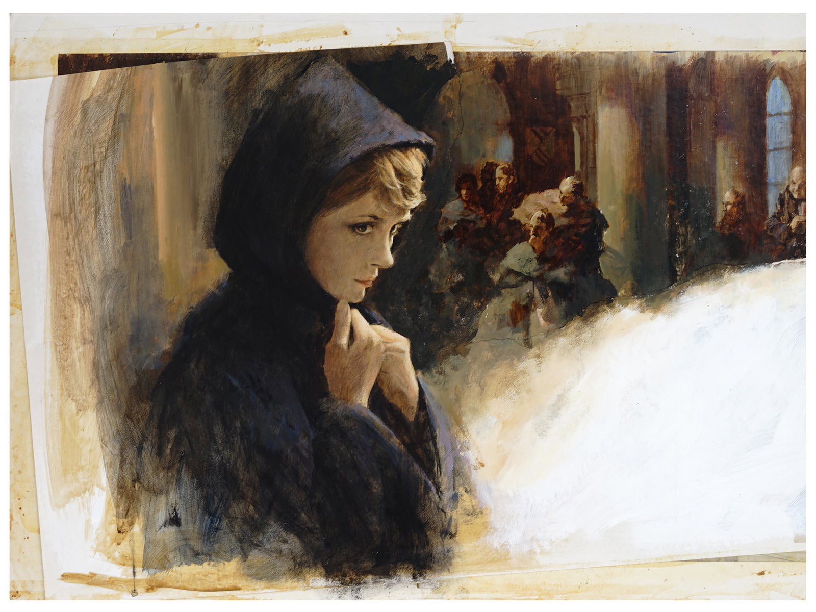 BRITISH ILLUSTRATION OIL PAINTING BY LEN THURSTON: Len Thurston, British, 1932 to 2011, oil painting on board depicting a scene with a woman, an original illustration, Part 11, for the novel, The Crimson Falcon by Sara Hylton. Inscribed, on the backsi