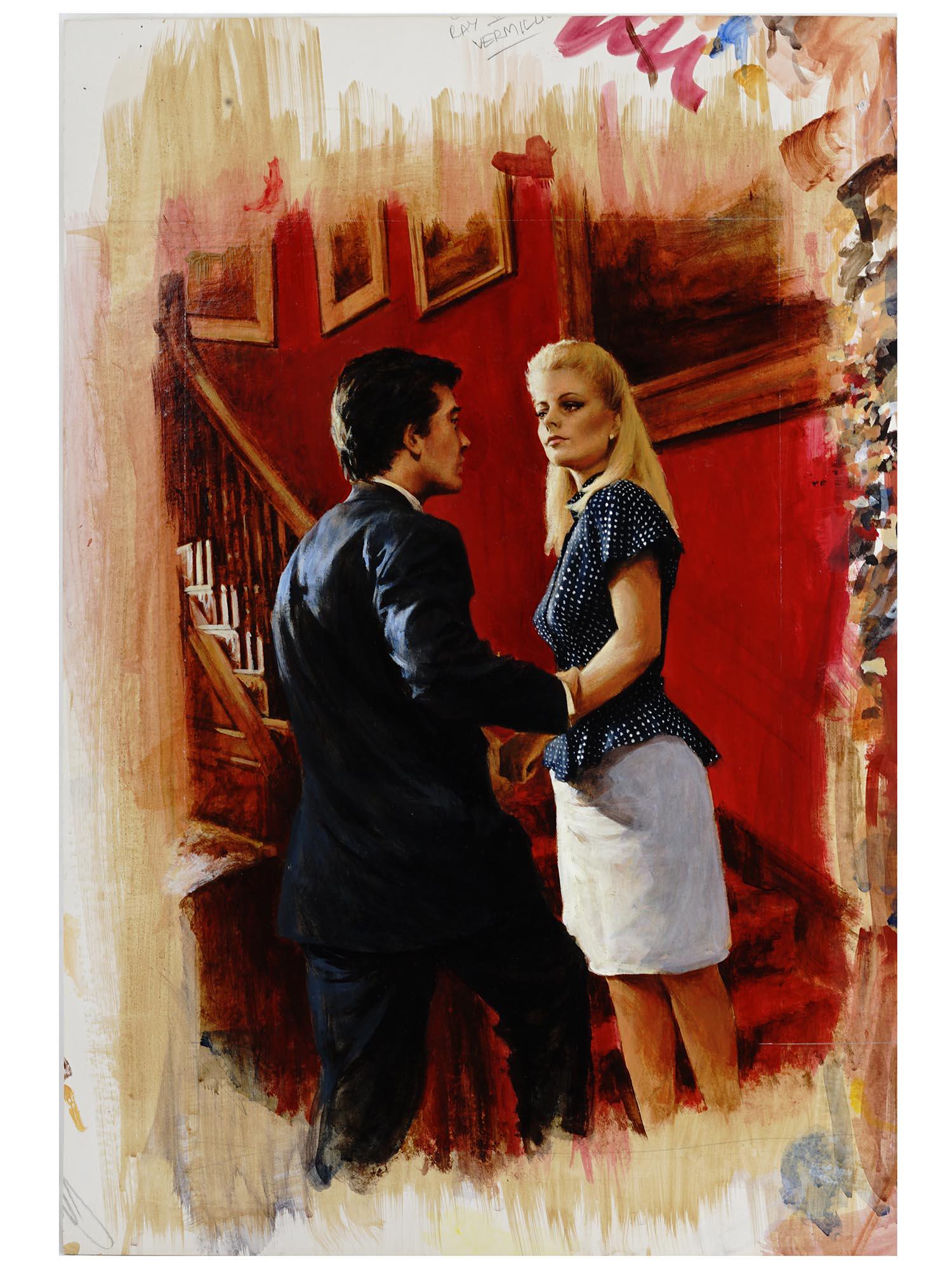 BRITISH ILLUSTRATION OIL PAINTING BY LEN THURSTON: Len Thurston, British, 1932 to 2011, oil painting on board depicting an interior scene with a couple of characters, an original illustration, Part 3, for the novel, Blood and Wine, by Elen Hawkes. Ins