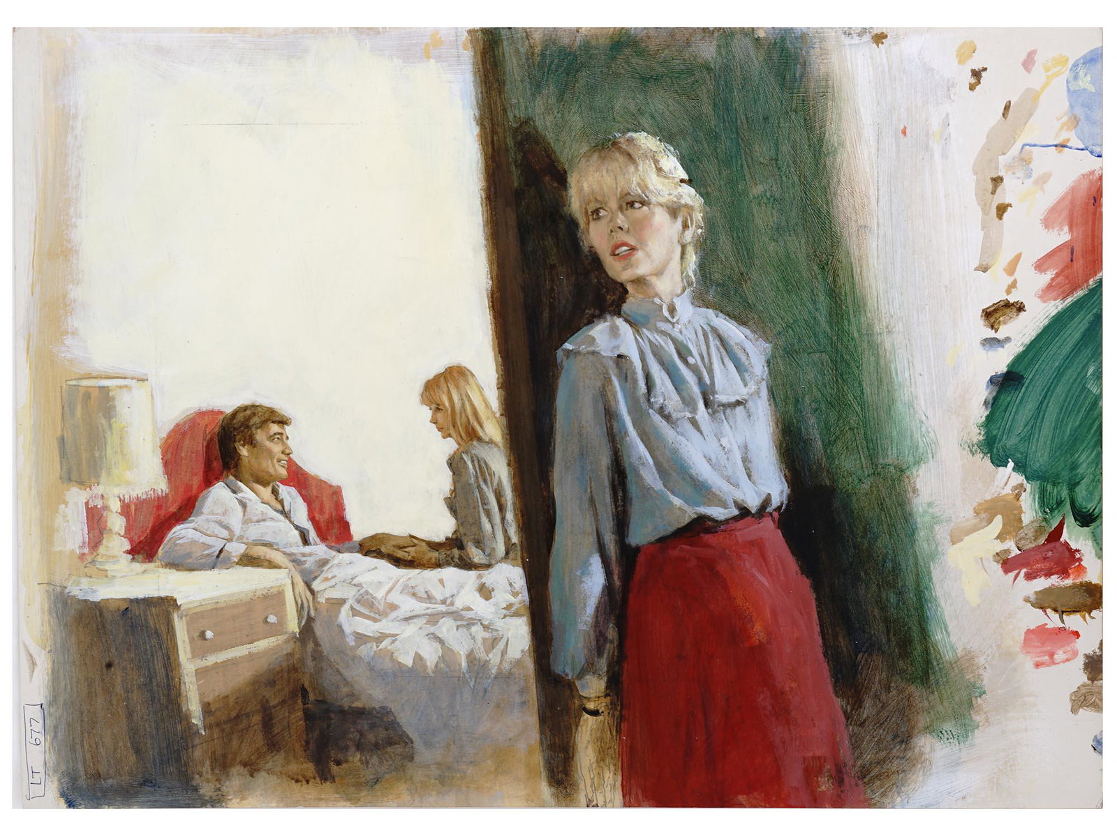 BRITISH ILLUSTRATION OIL PAINTING BY LEN THURSTON: Len Thurston, British, 1932 to 2011, oil painting on board depicting an interior scene with the characters, a couple and an eavesdropping woman, an original illustration, Part 9, for the novel, Storm 