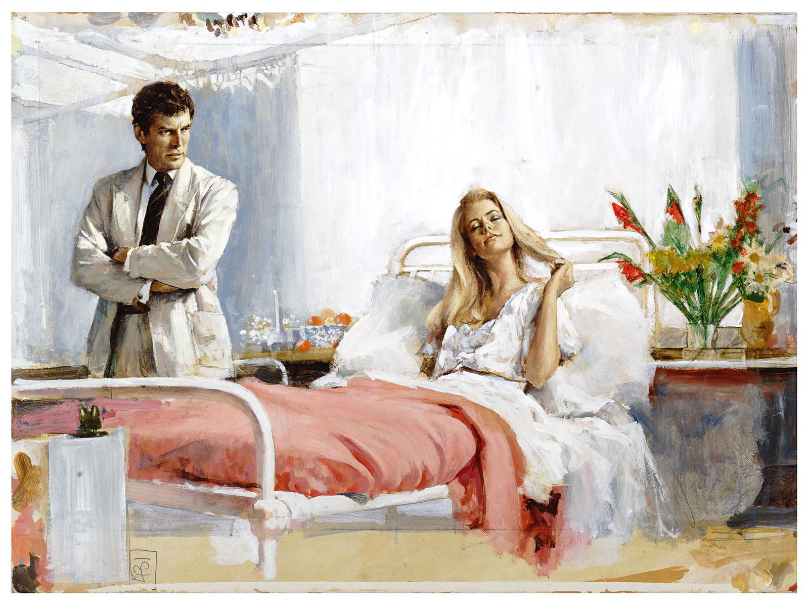 BRITISH ILLUSTRATION OIL PAINTING BY LEN THURSTON: Len Thurston, British, 1932 to 2011, oil painting on board depicting a scene with a couple of characters, an original illustration for a novel, Doctor of Hearts, The Final Diagnosis. Inscribed, 432, l