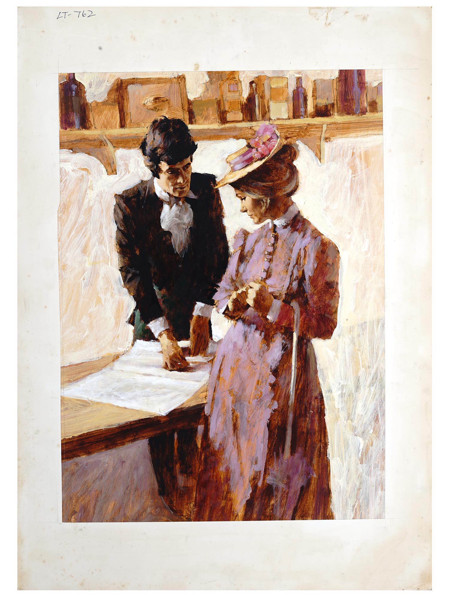 BRITISH ILLUSTRATION OIL PAINTING BY LEN THURSTON: Len Thurston, British, 1932 to 2011, oil painting on board depicting a scene with a couple of characters, an original illustration for the novel, Lovers All Untrue, by Norah Lofts. Marked, LT 762, upp
