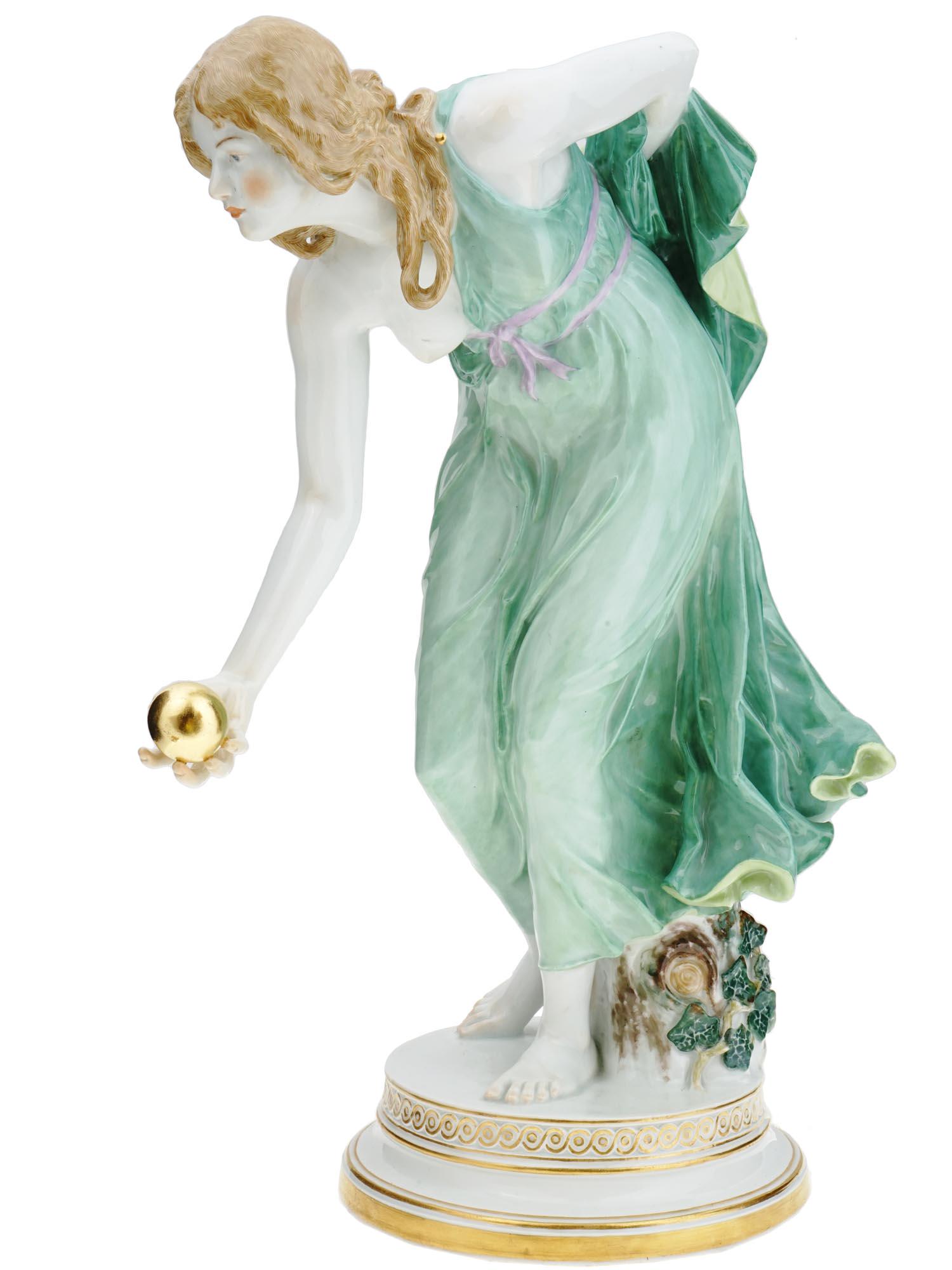 ANTIQUE MEISSEN WOMAN FIGURE CANCELLATION MARKS: A fine Art Nouveau porcelain figurine The woman with the ball designed by Walter Schott, German, 1861 to 1938. The sculpture depicts a young barefooted woman in a forward-inclined posture wearing a gr