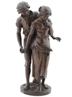 ANTIQUE FRENCH BRONZE SCULPTURE BY FERVILLE SUAN: Charles Georges Ferville Suan, French, 1847 to 1925, bronze sculpture depicting a couple holding their hands. Mounted on a round shaped base, adorned with a relief and engraved ornament. Signed, Fervi