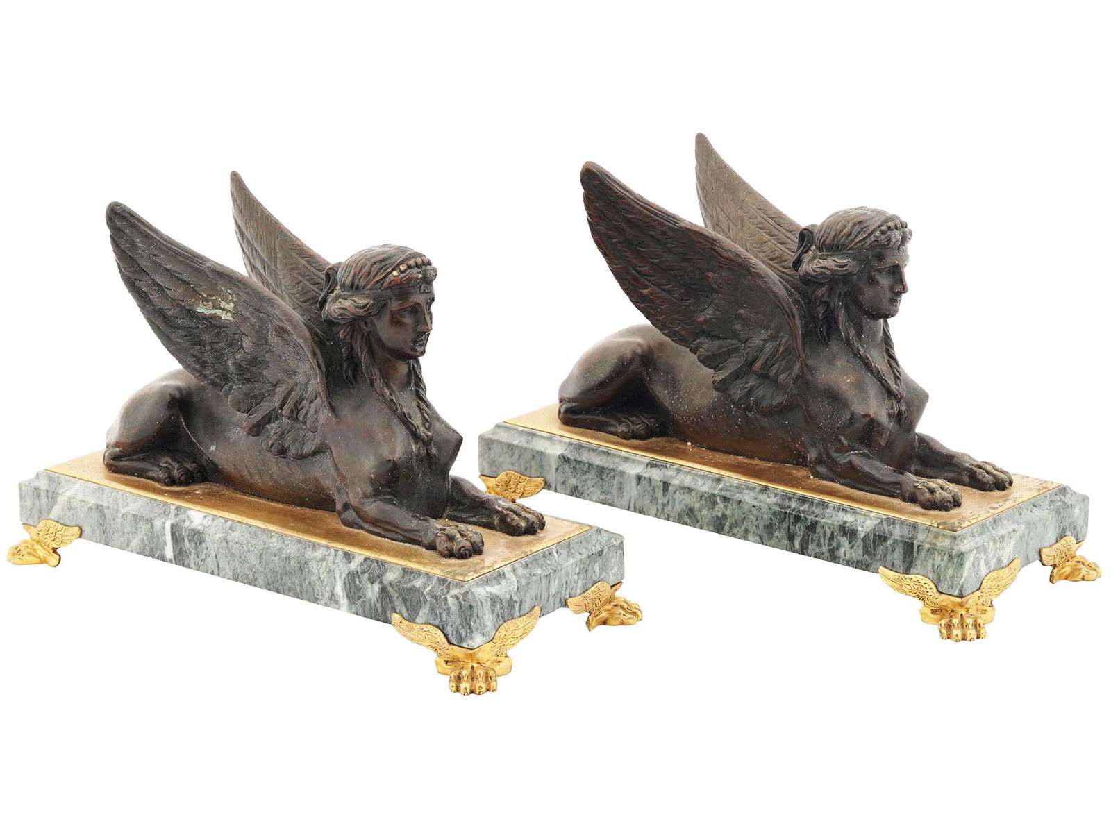 SPHINX BRONZE TABLE SCULPTURES ON MARBLE STANDS (1 of 4)