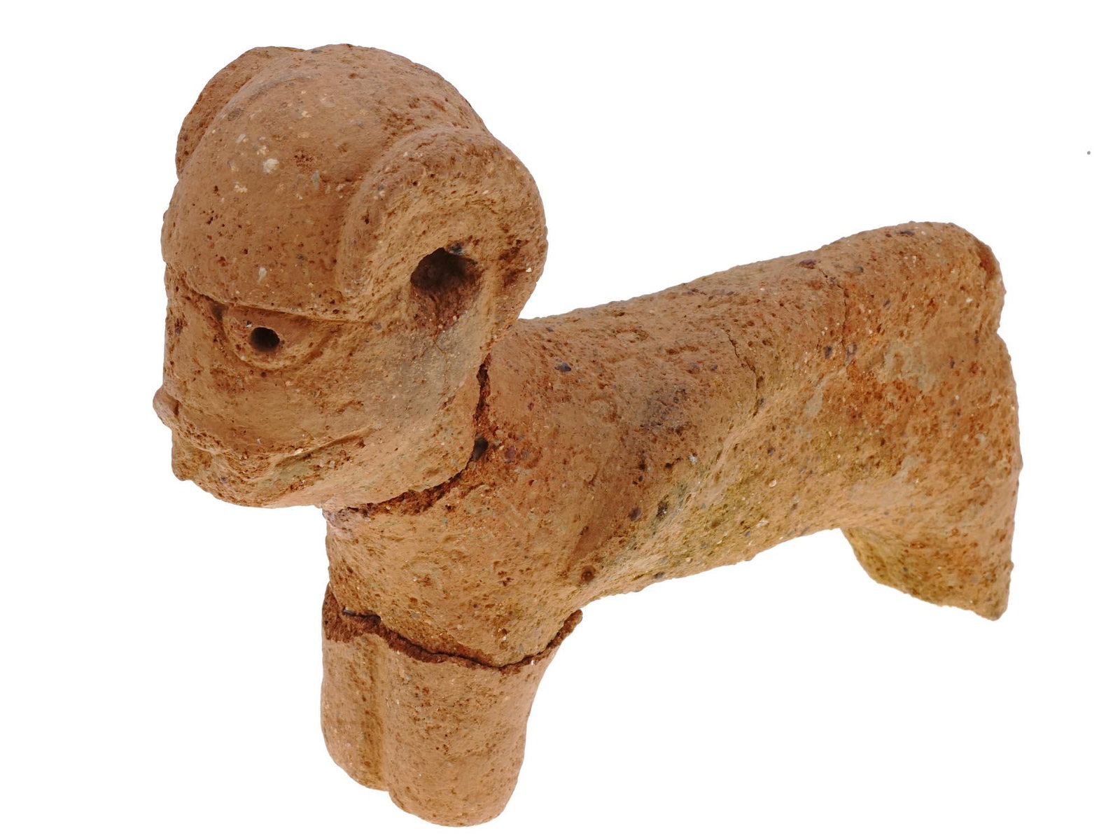 ANTIQUE 3RD C. NIGERIAN LIONESS TERRACOTTA FIGURE: An ancient African terracotta sculpture of a feline animal, probably a lioness, with stylized body, dating from a span of time between the 2nd C. B.C. to the 2nd century A.D. The figure belongs to the