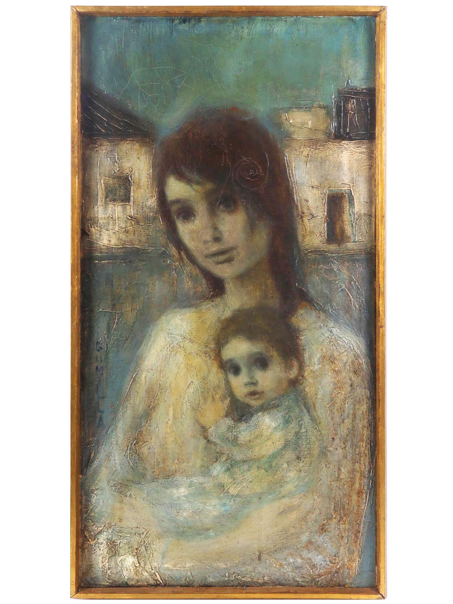 MODERN BIG EYES PORTRAIT OIL PAINTING BY GUNILLA: Gunilla, a 20th century Modern artist, oil painting on canvas depicting a double portrait of a mother and a big eyed child with houses in the background. Signed lower left. Framed. Gunilla is a Modern