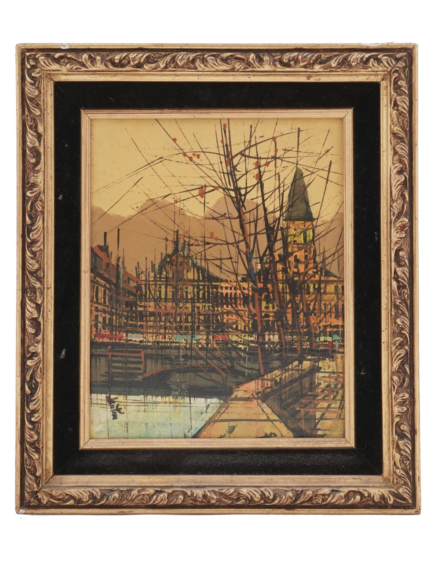 VIEW OF PARIS OIL PAINTING AFTER BERNARD BUFFET: Oil on canvas painting. Late 20th century. The artwork depicts a view of the river Seine in Paris, France. Signed by the artist in the lower left, Dentim. In the style of Bernard Buffet, 1928 to 1999,