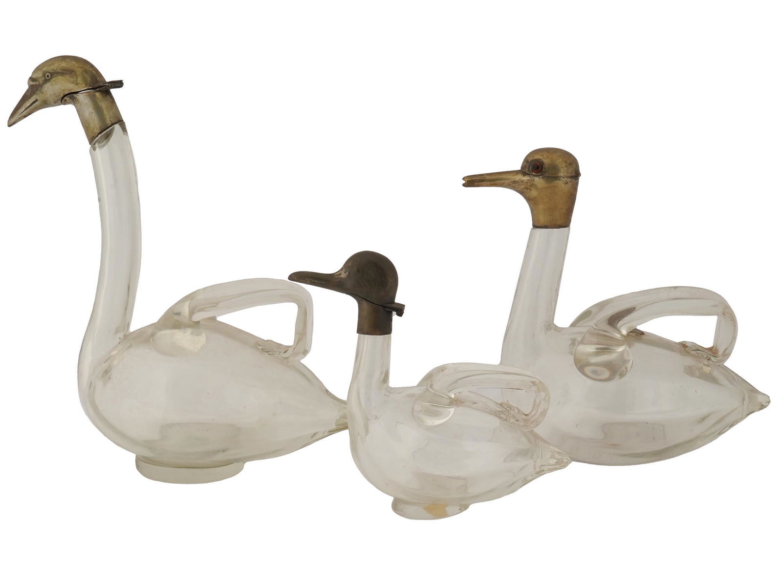 ANTIQUE CZECH DUCK SHAPED GLASS BRASS DECANTERS (1 of 3)