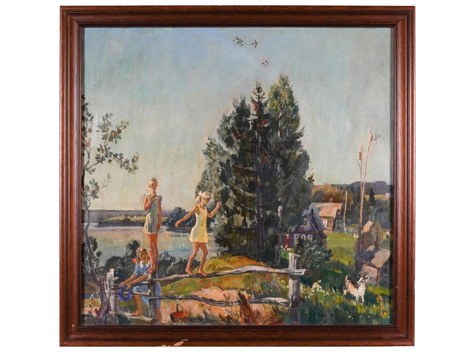 RUSSIAN SOVIET OIL PAINTING BY VALERIY LEDNEV: Valeriy Alexsandrovich Lednev, Russian, Soviet, born 1940, oil on canvas painting titled: Cloudless Time. Signed by the artist and titled verso. Housed in an old wooden frame. Valery Alexandrovich Led