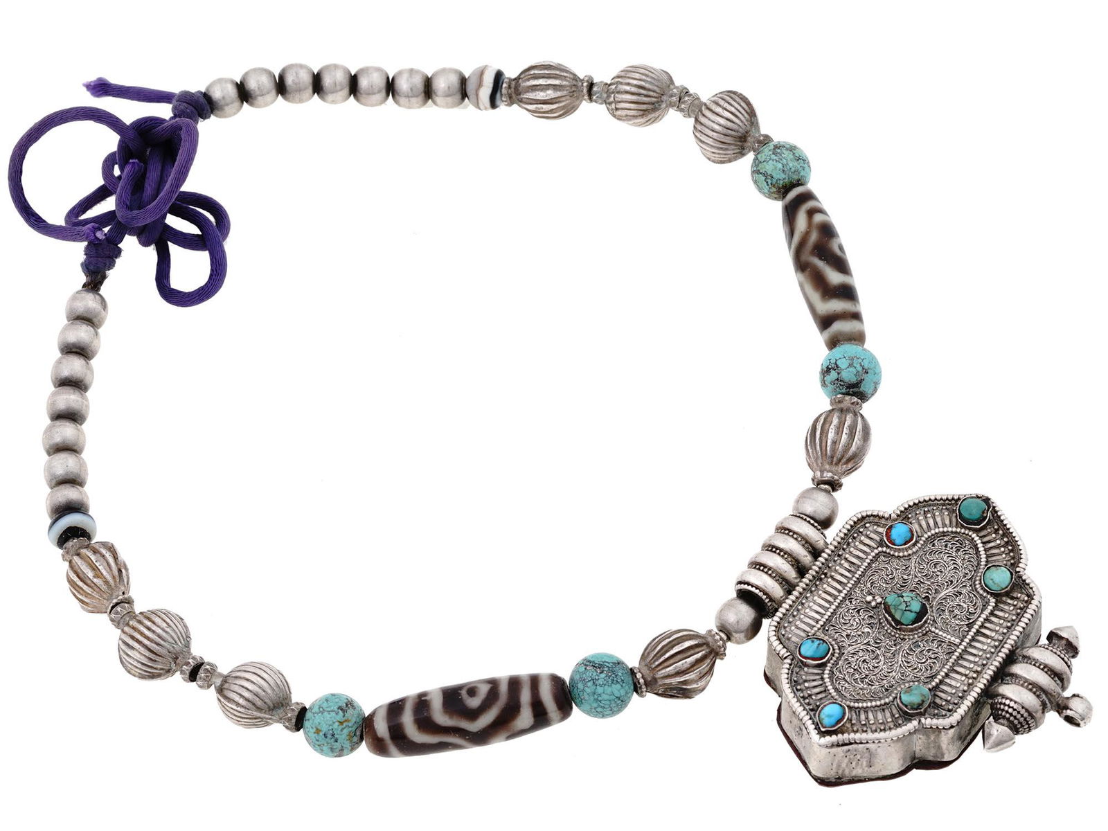 ANTIQUE 19 C TIBET SILVER GAU BOX BEADED NECKLACE (1 of 4)