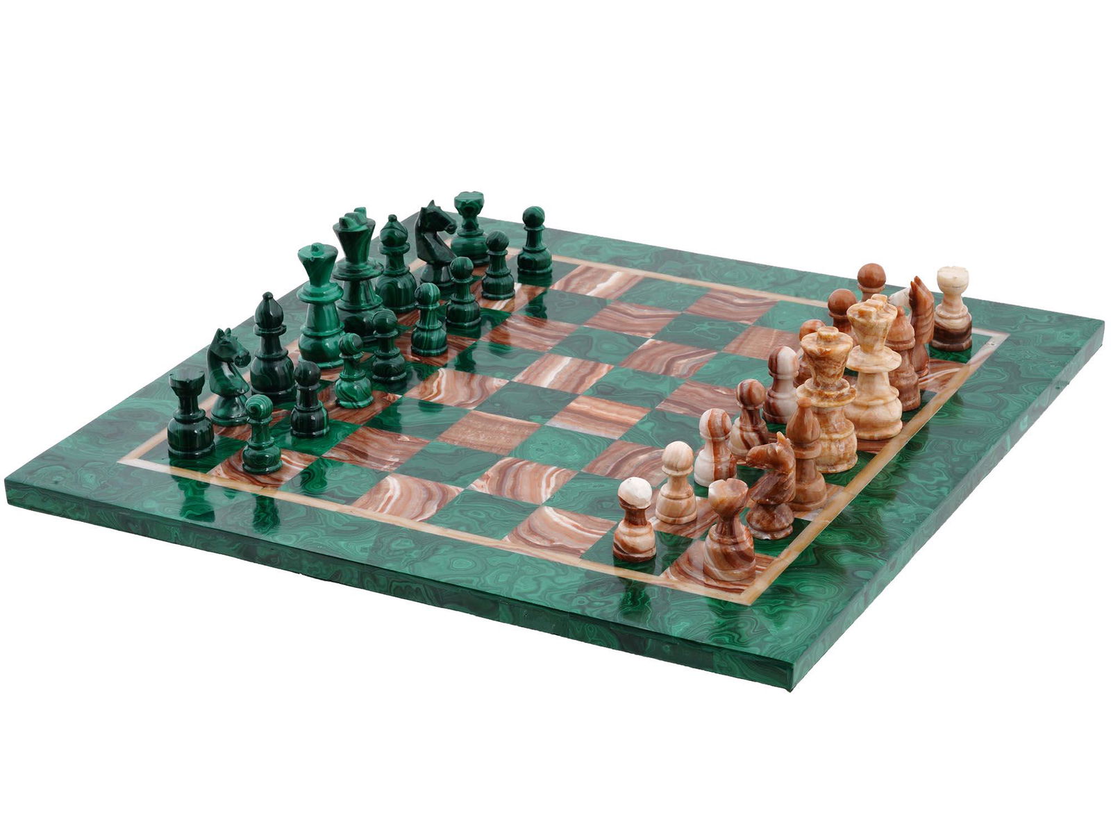 RUSSIAN HAND CARVED MALACHITE AND AGATE CHESS SET (1 of 7)