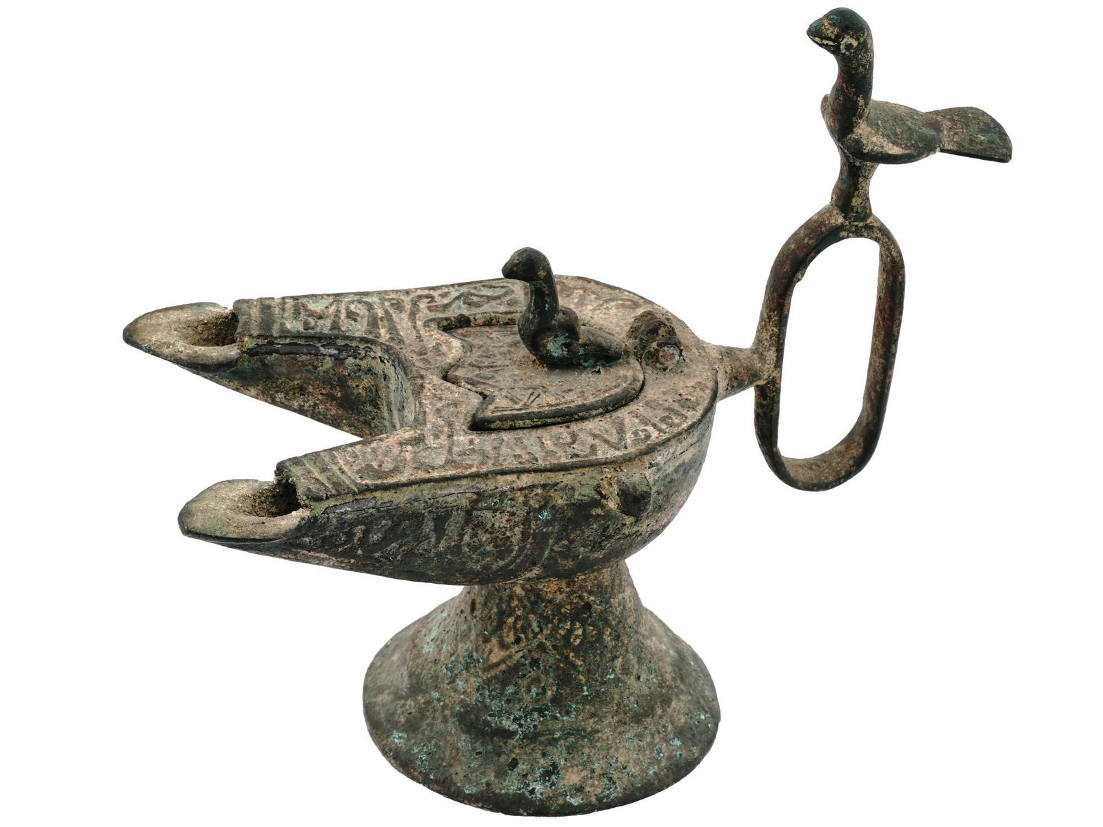 ANTIQUE ISLAMIC DOUBLE WICKED BRONZE OIL LAMP (1 of 9)