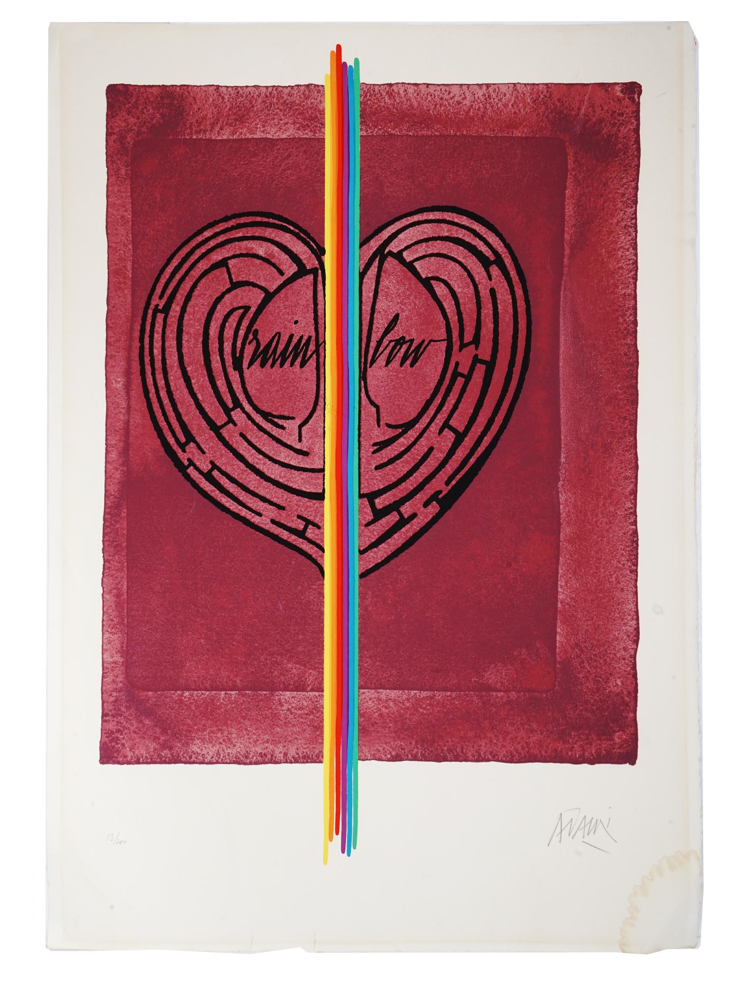 ITALIAN HEART COLOR LITHOGRAPH BY VALERIO ADAMI: Valerio Adami, Italian, born 1935, color lithograph on paper, Heart and Rainbow. Circa: 1970 to 1980. Signed in pencil lower right. Numbered 13 of 200 in pencil lower left. Valerio Adami is an Italian